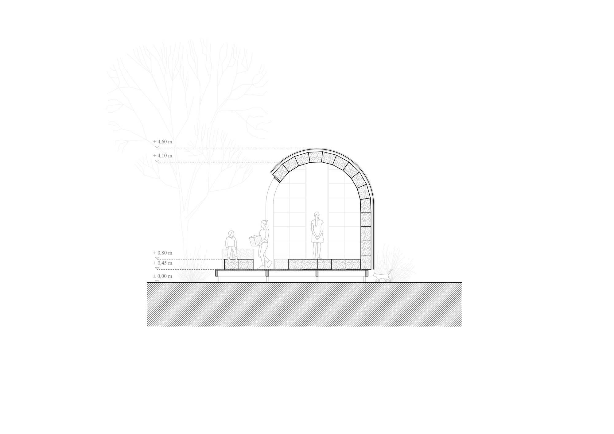 Section drawing showing an arched straw bale structure with figures for scale