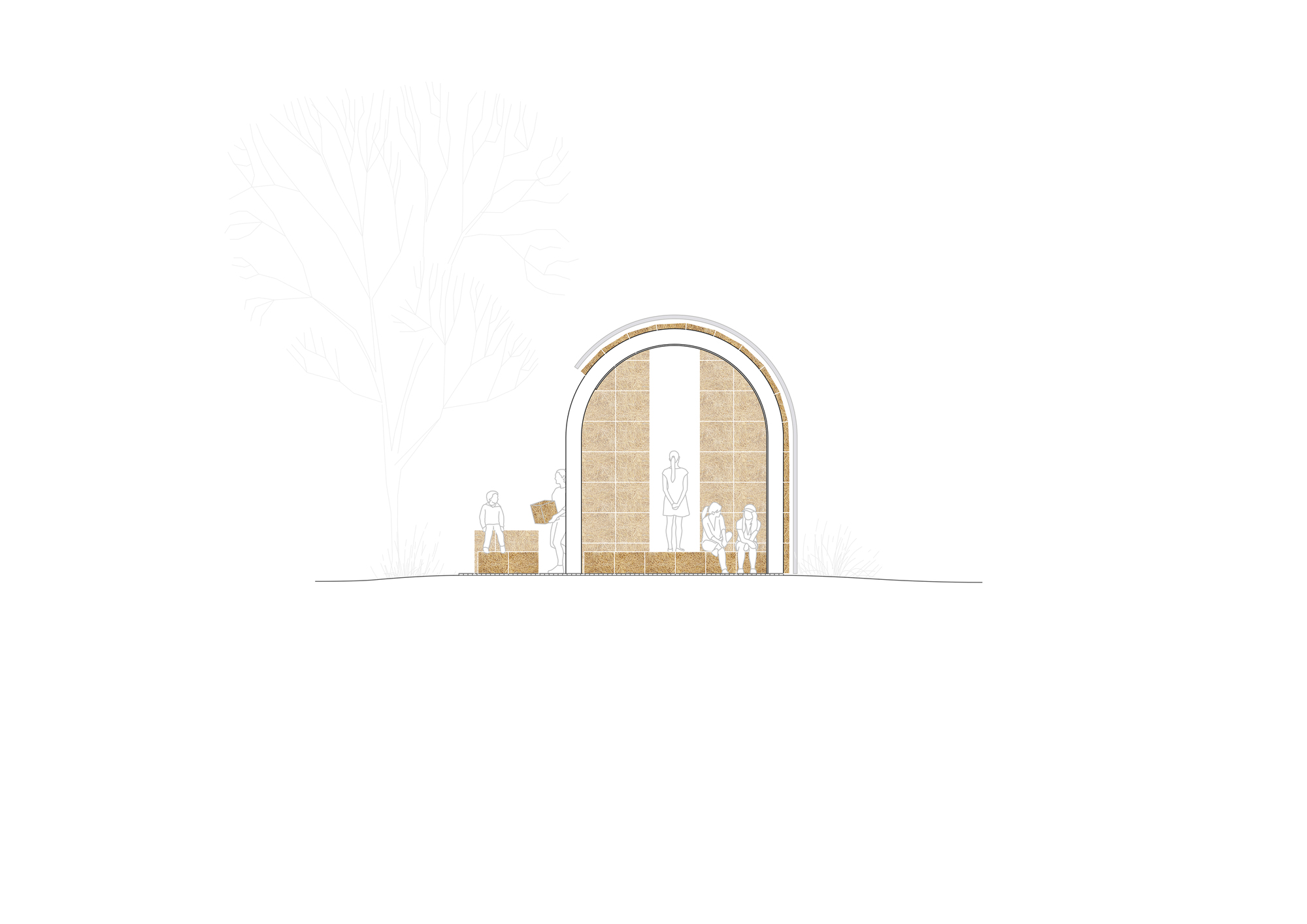 Elevation drawing of arched pavilion with straw panel walls and tall central opening with figures inside