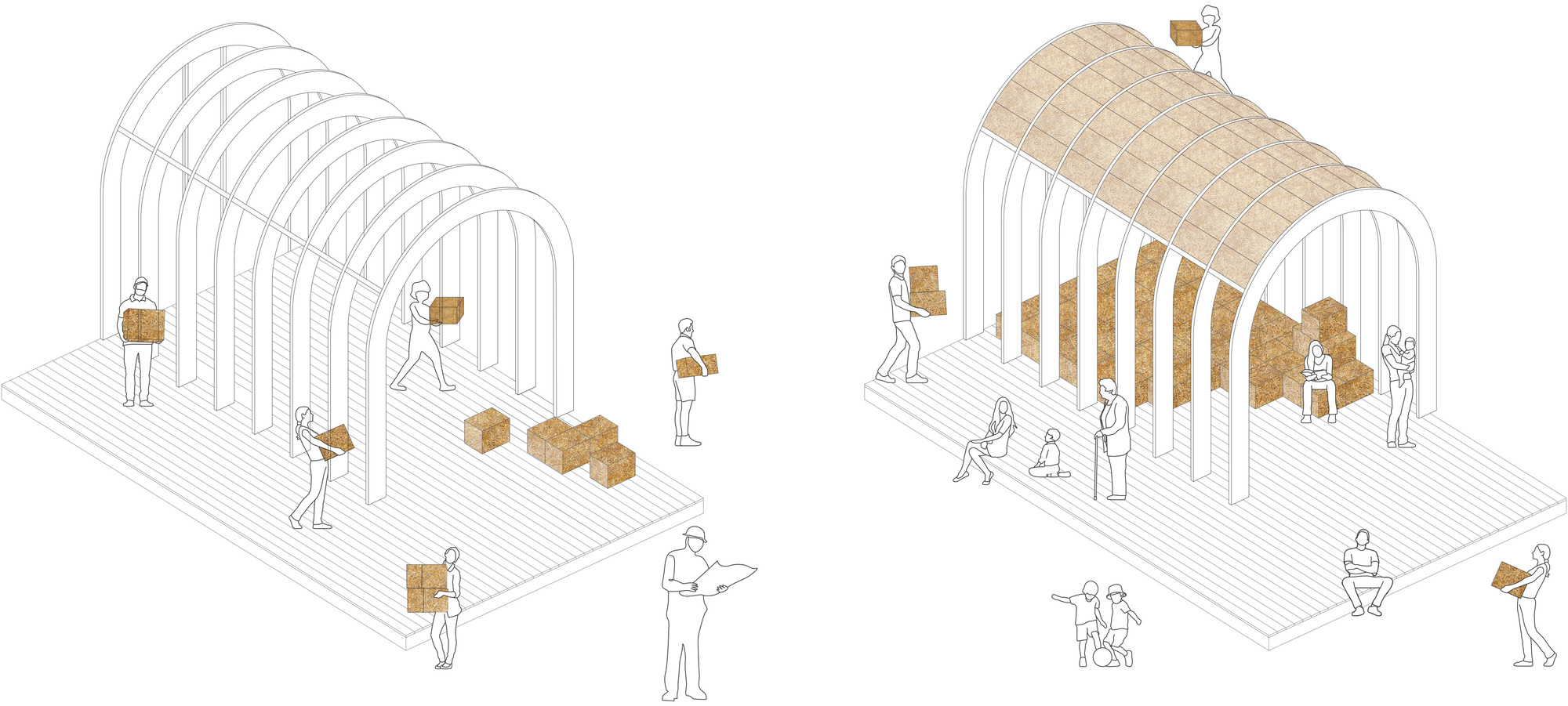 Isometric drawing showing two pavilion variations with arched frames and straw panel infill with figures carrying boxes