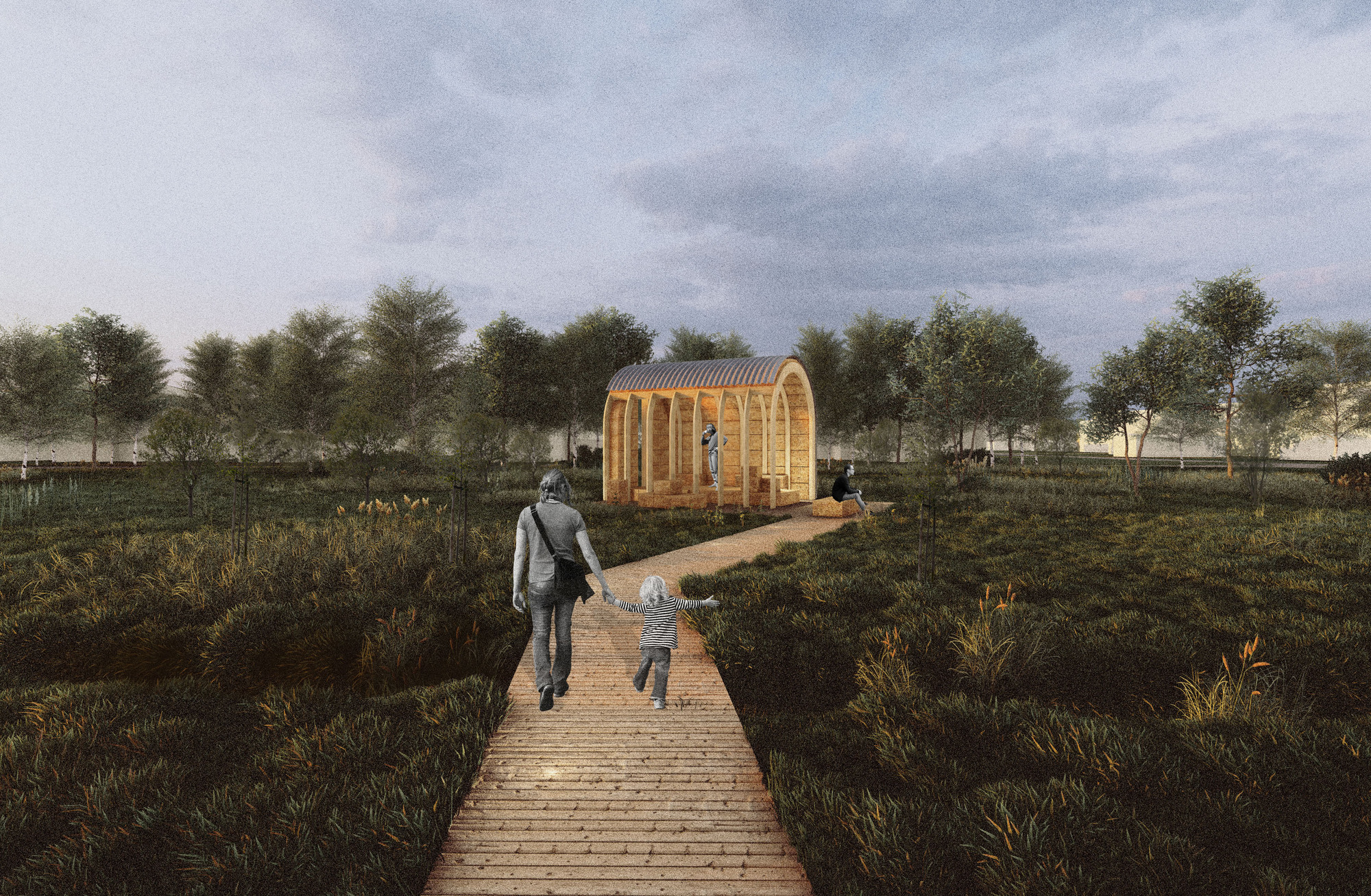 Timber walkway leading to the barrel-vaulted straw pavilion set among low vegetation and trees