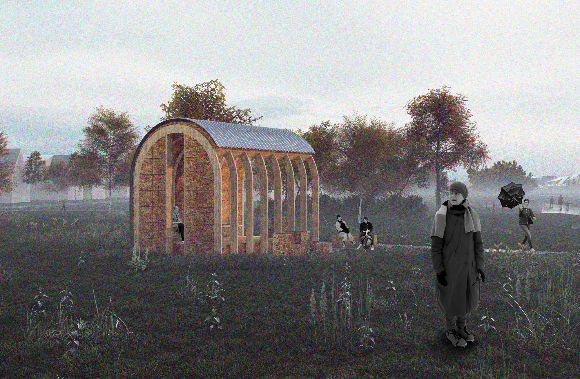 Side view of the open straw structure with corrugated metal roof among wildflowers and trees