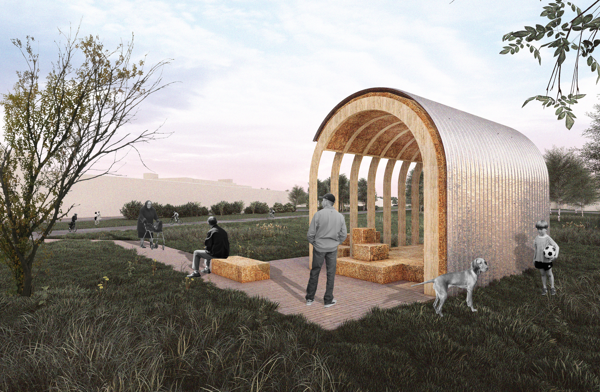 Rendering of a pavilion with corrugated translucent shell and ribbed timber arches in a park with dog visitors