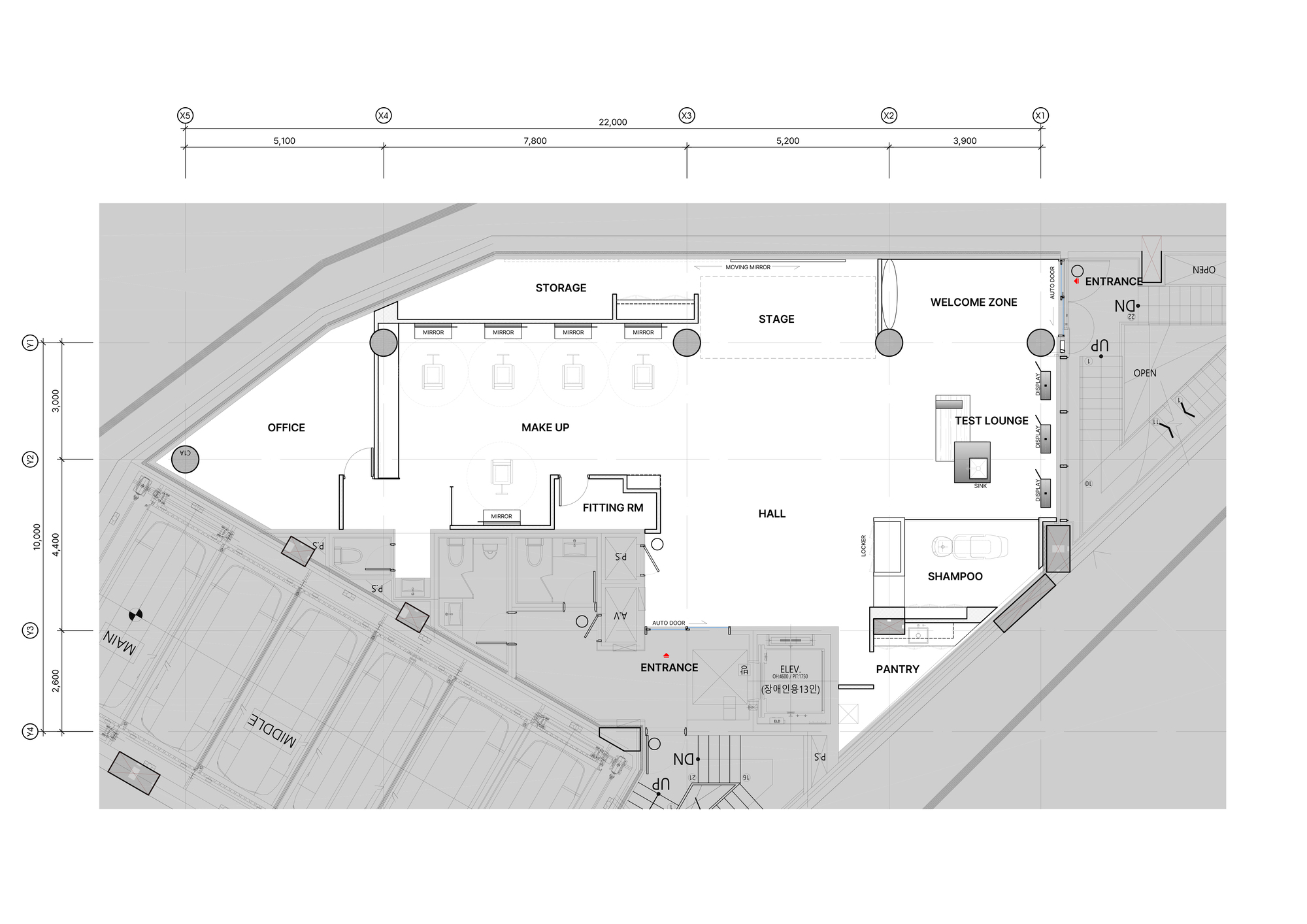 Floor plan drawing showing stage and welcome zone with angled perimeter walls and labeled rooms