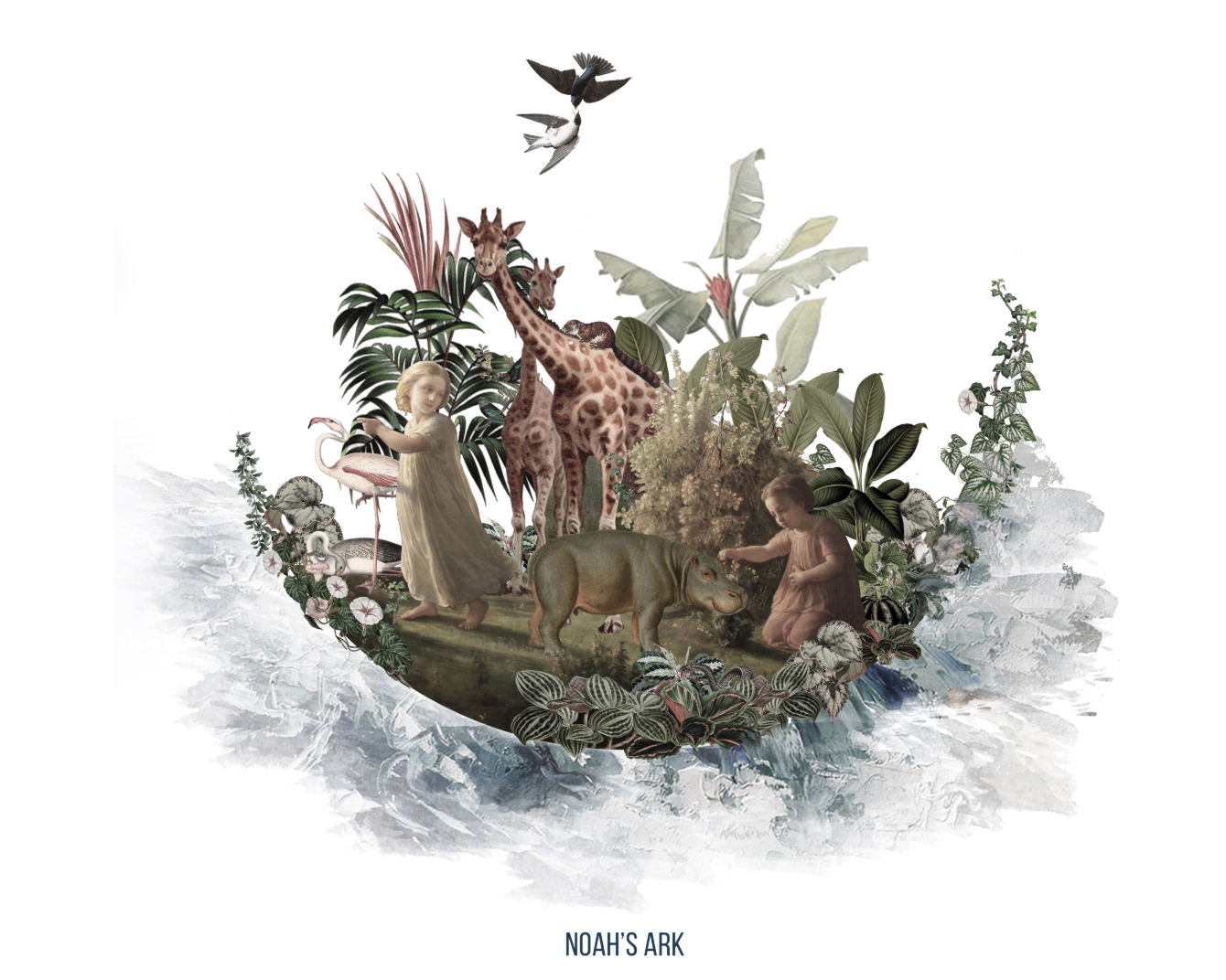 A contemporary Noah’s Ark reimagined as a biophilic refuge where children, animals, and nature coexist.