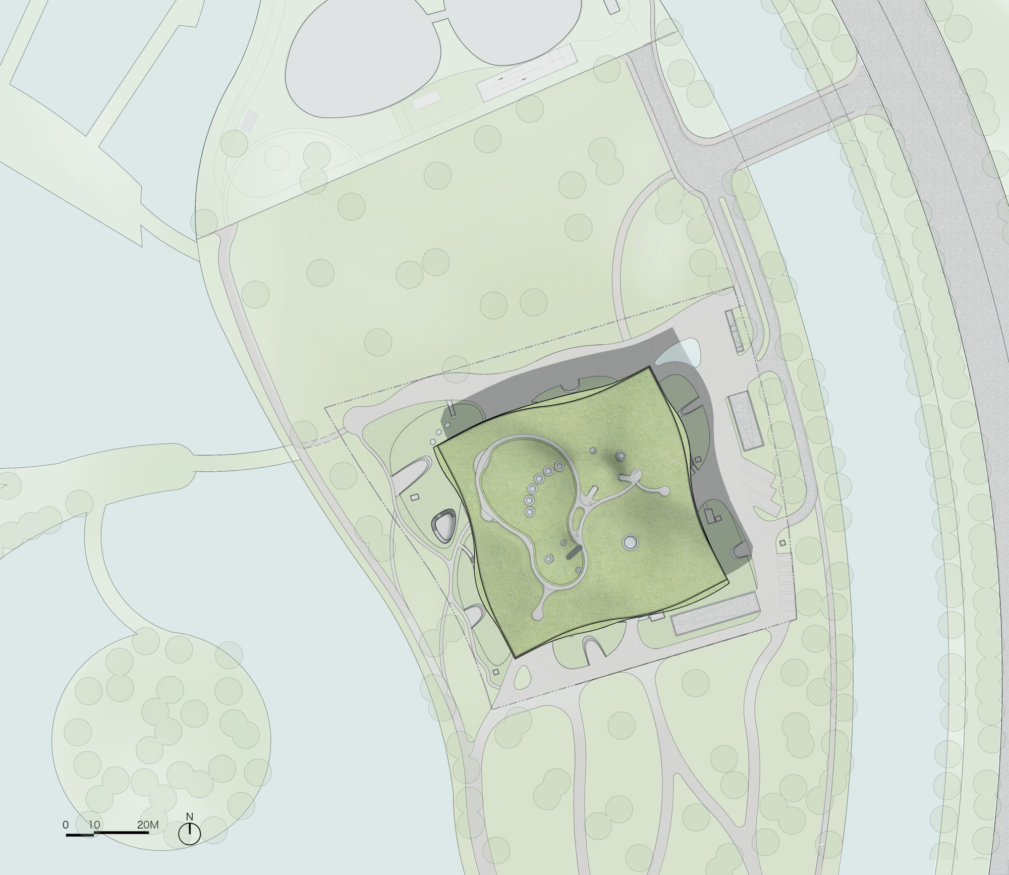 Site plan drawing showing the building footprint surrounded by paths, waterways and landscape zones