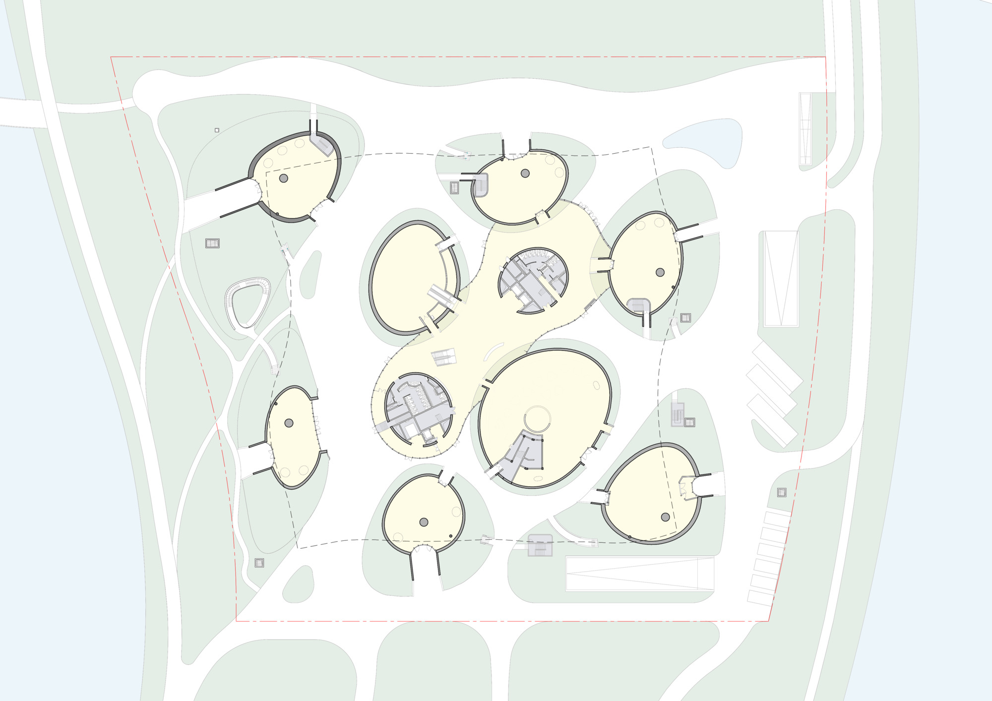 Roof plan drawing depicting circular skylights and domed forms distributed across the undulating surface