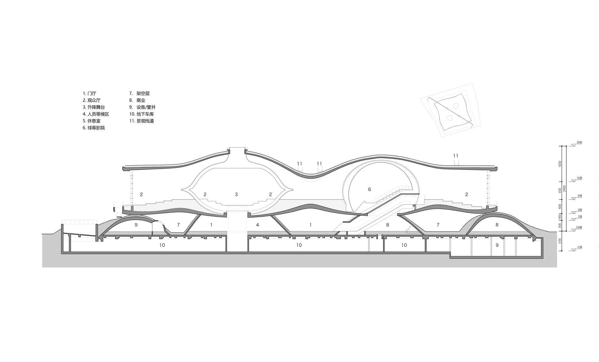 Section drawing illustrating the flowing roof profile above vaulted interior spaces and underground service levels
