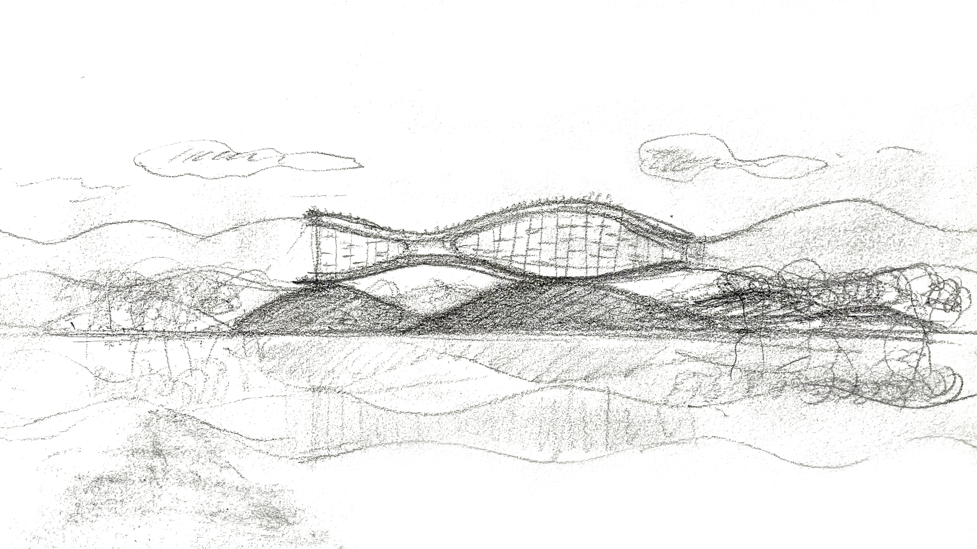 Perspective sketch showing a flowing roof canopy with trees and clouds in the landscape