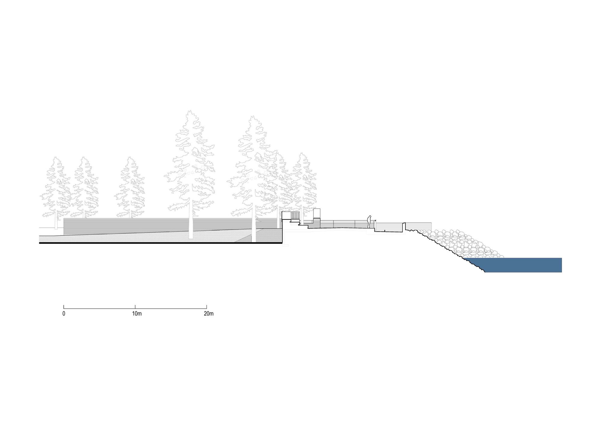 Section drawing showing a low-lying structure among conifer trees descending to a body of water