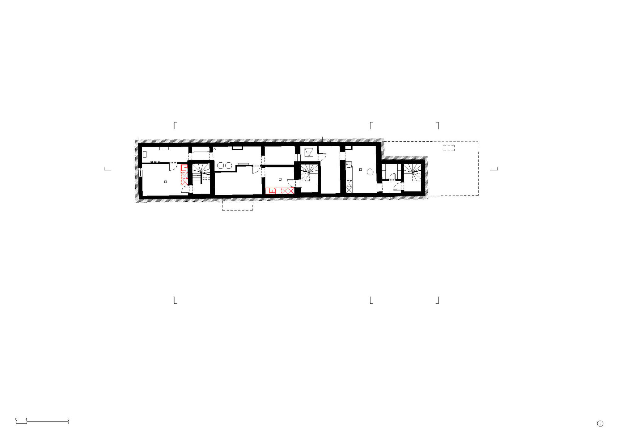 Floor plan drawing showing narrow linear arrangement of rooms with stairwells and terrace at one end
