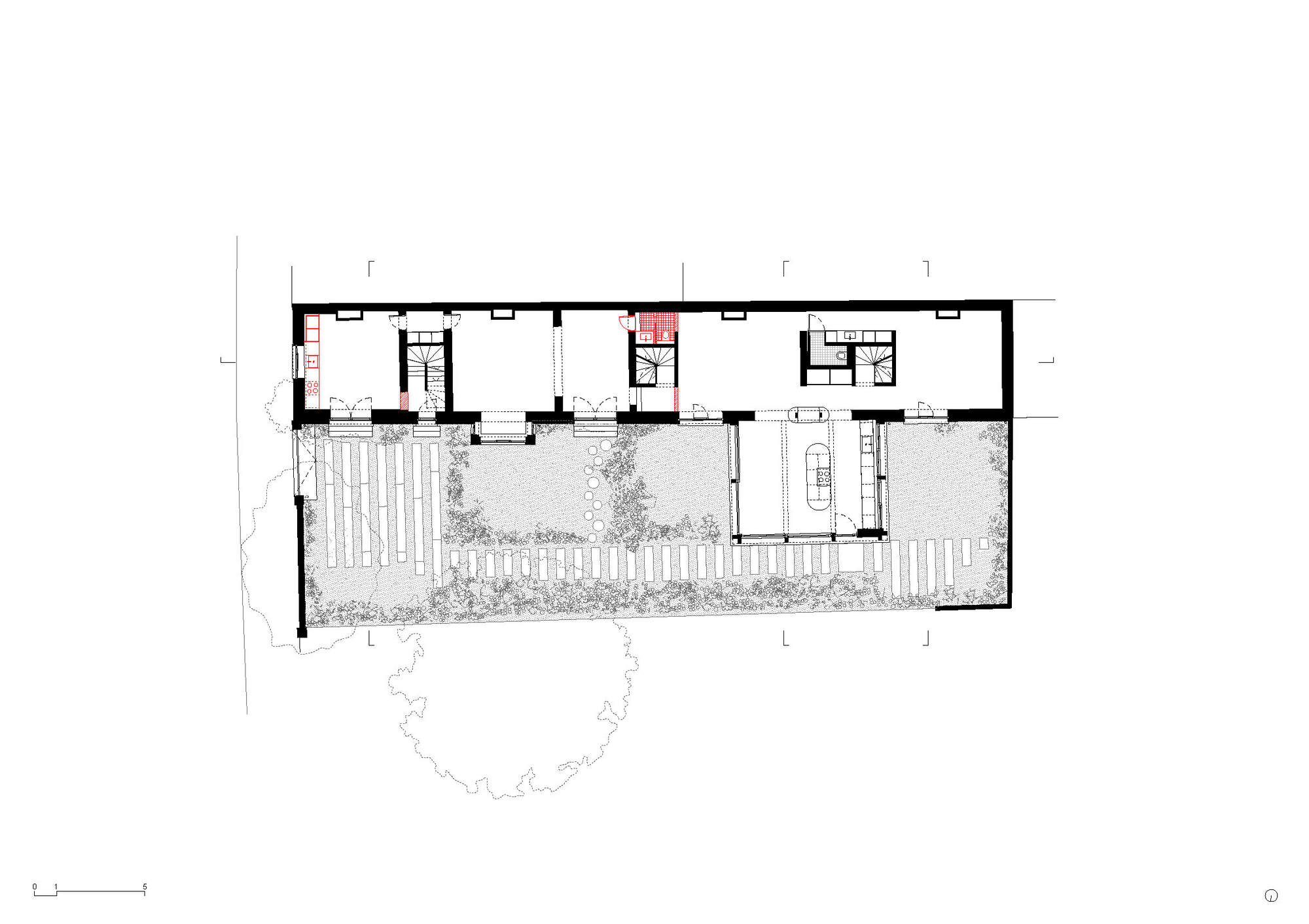 Floor plan drawing with red circulation diagram highlighting vertical stair cores and entry sequence