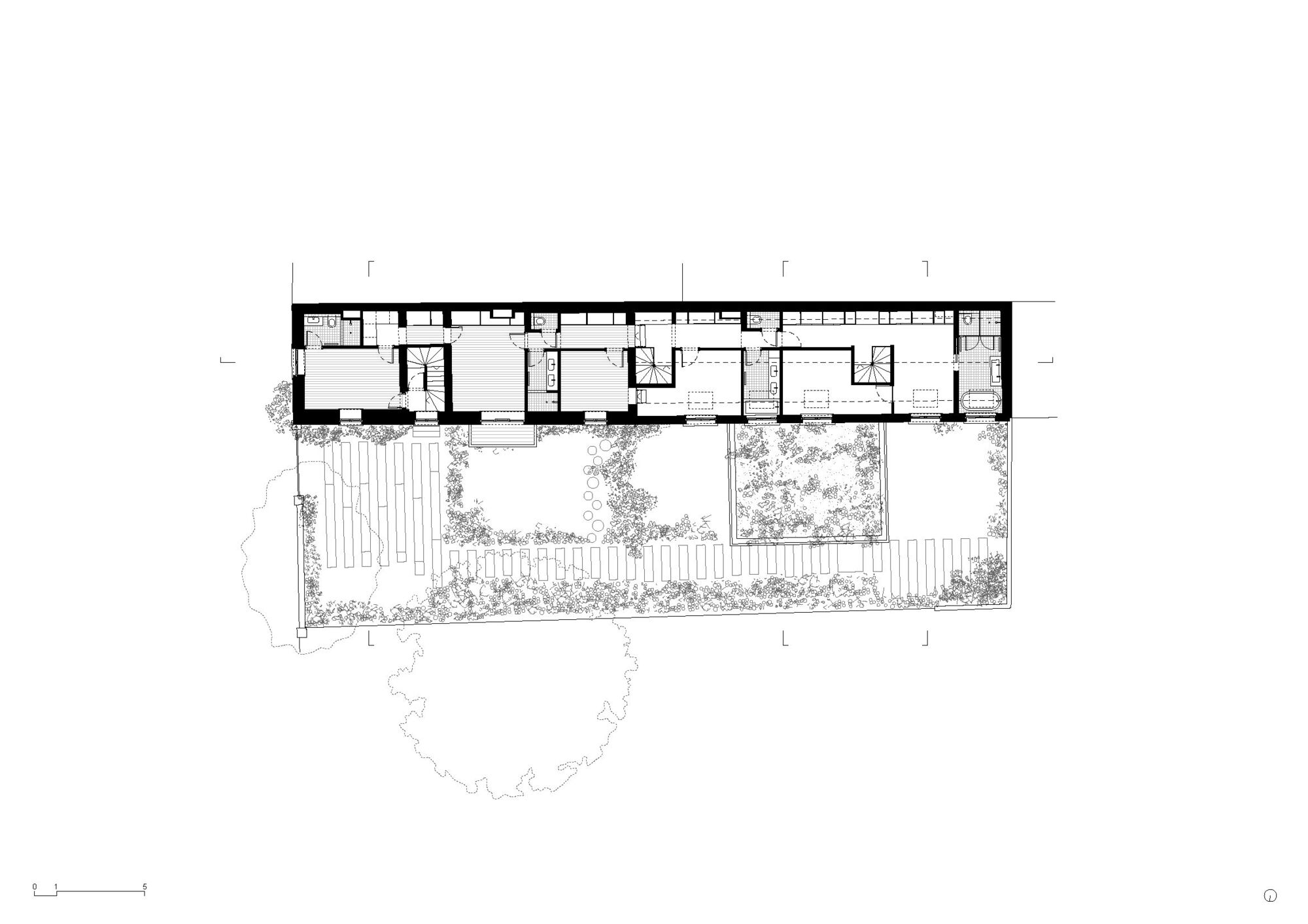 Ground floor plan drawing showing a linear residential layout with landscaped garden courtyards