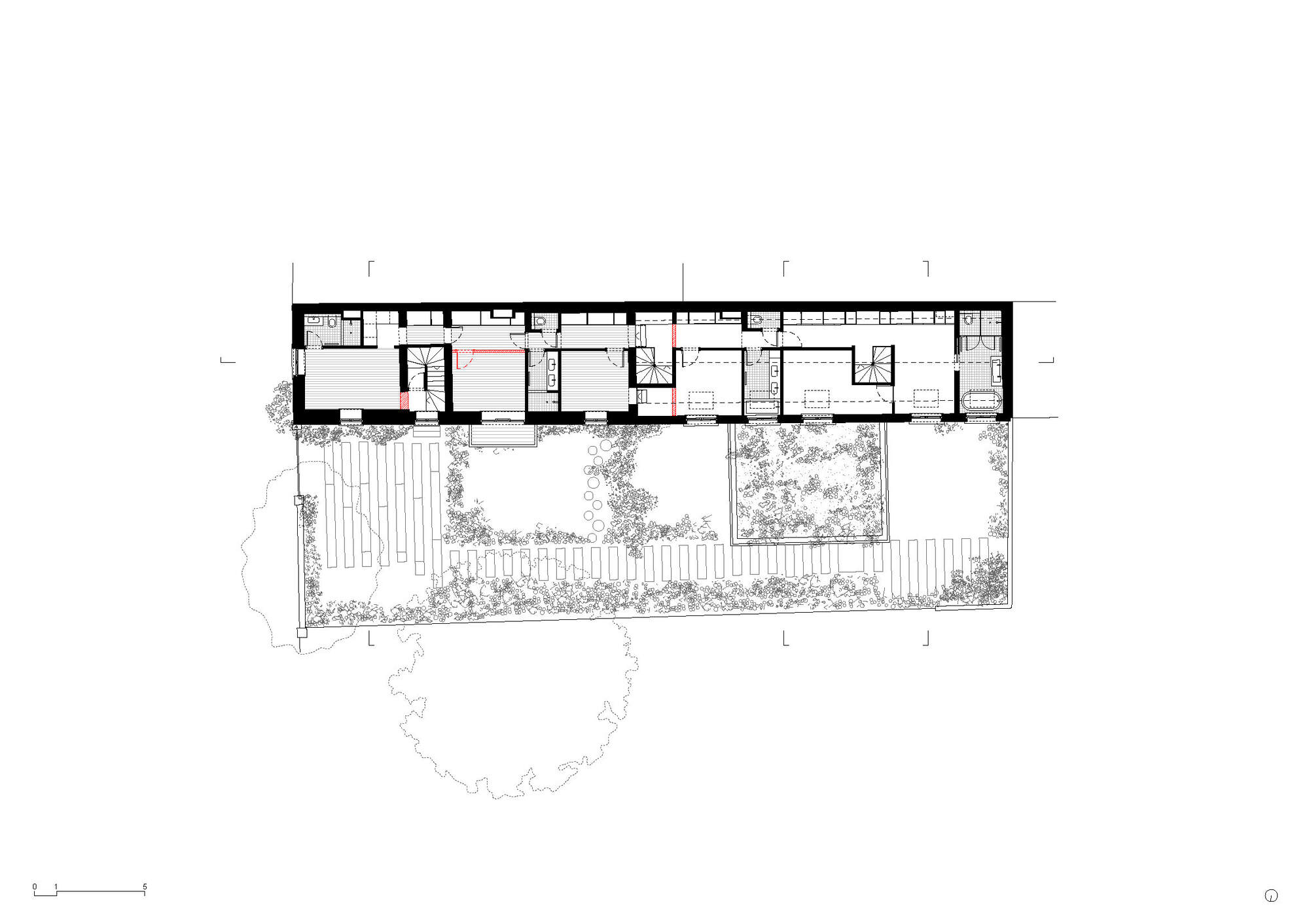 Ground floor plan drawing with circulation path highlighted in red through the interior rooms
