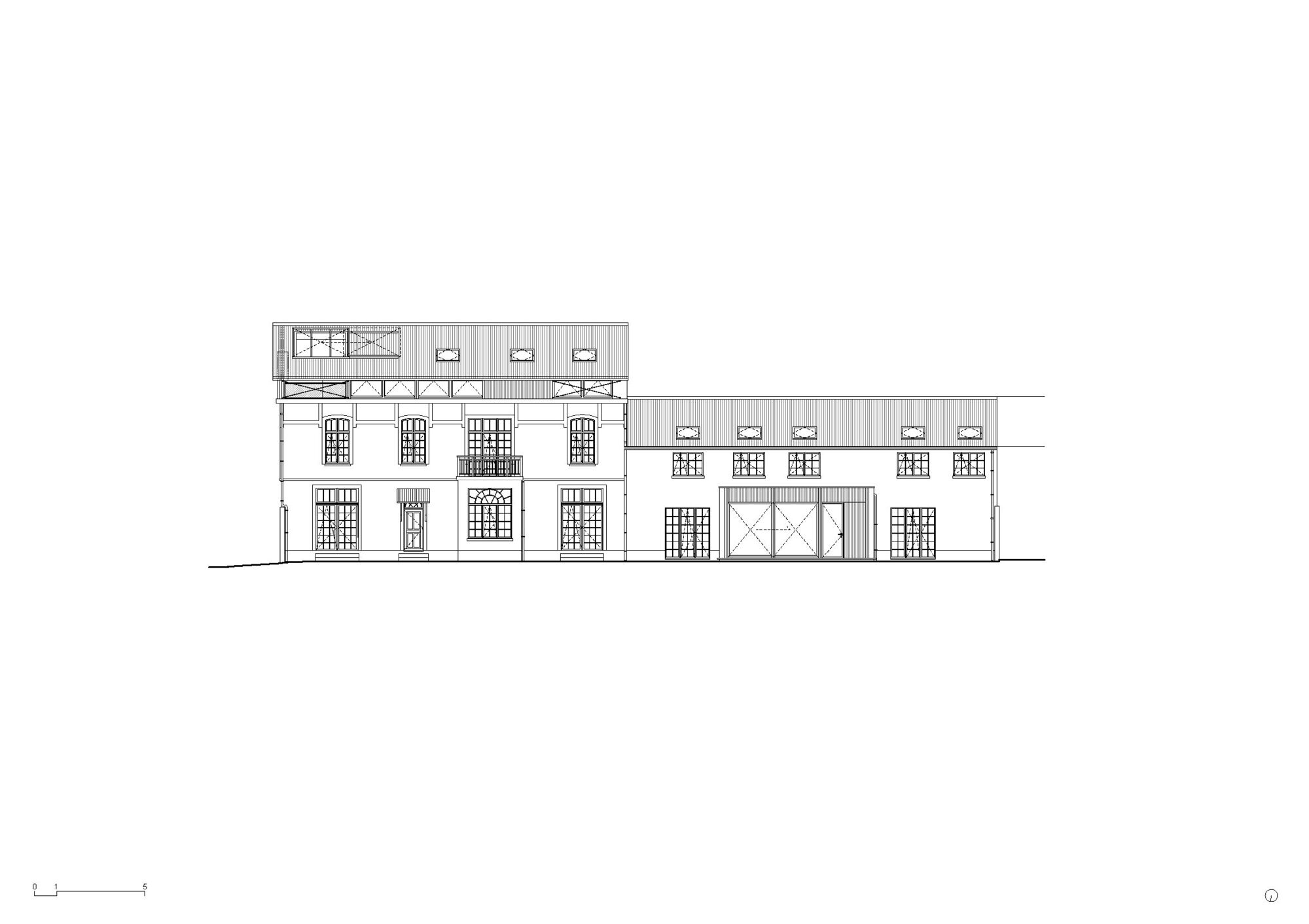 Elevation drawing showing the preserved facade of a multi-story house with gridded windows and single-story addition