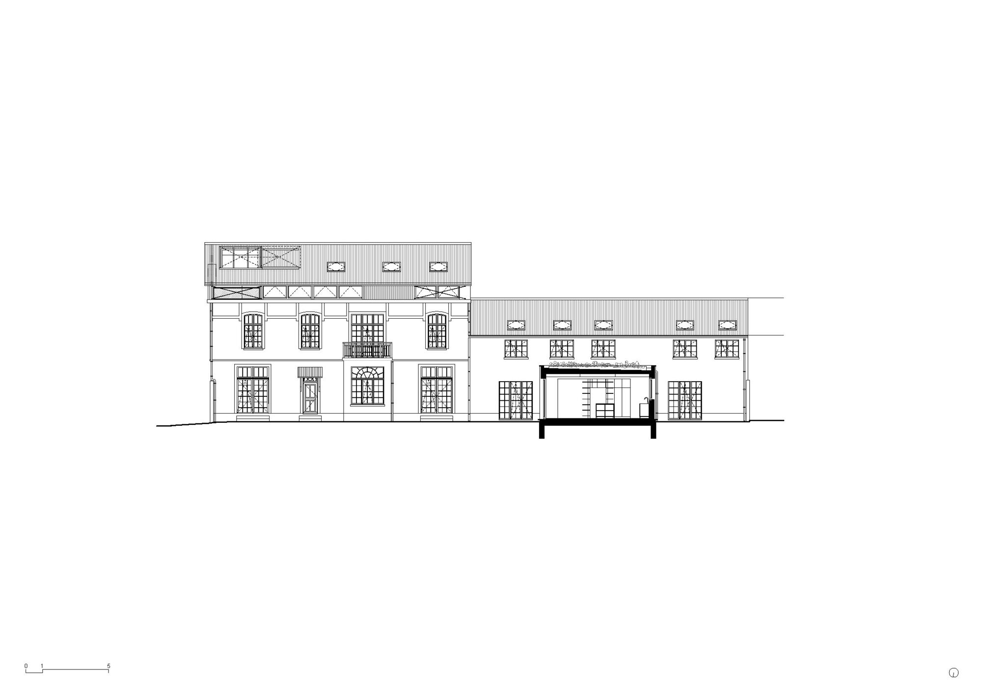Elevation drawing showing a multi-story structure with gridded windows and a sectional cut through one volume