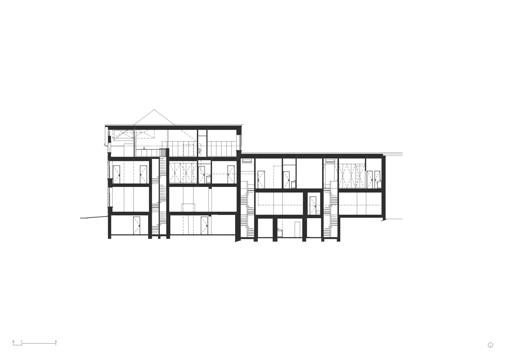Section drawing revealing multi-level interior organization with stairs connecting spaces across different floor heights