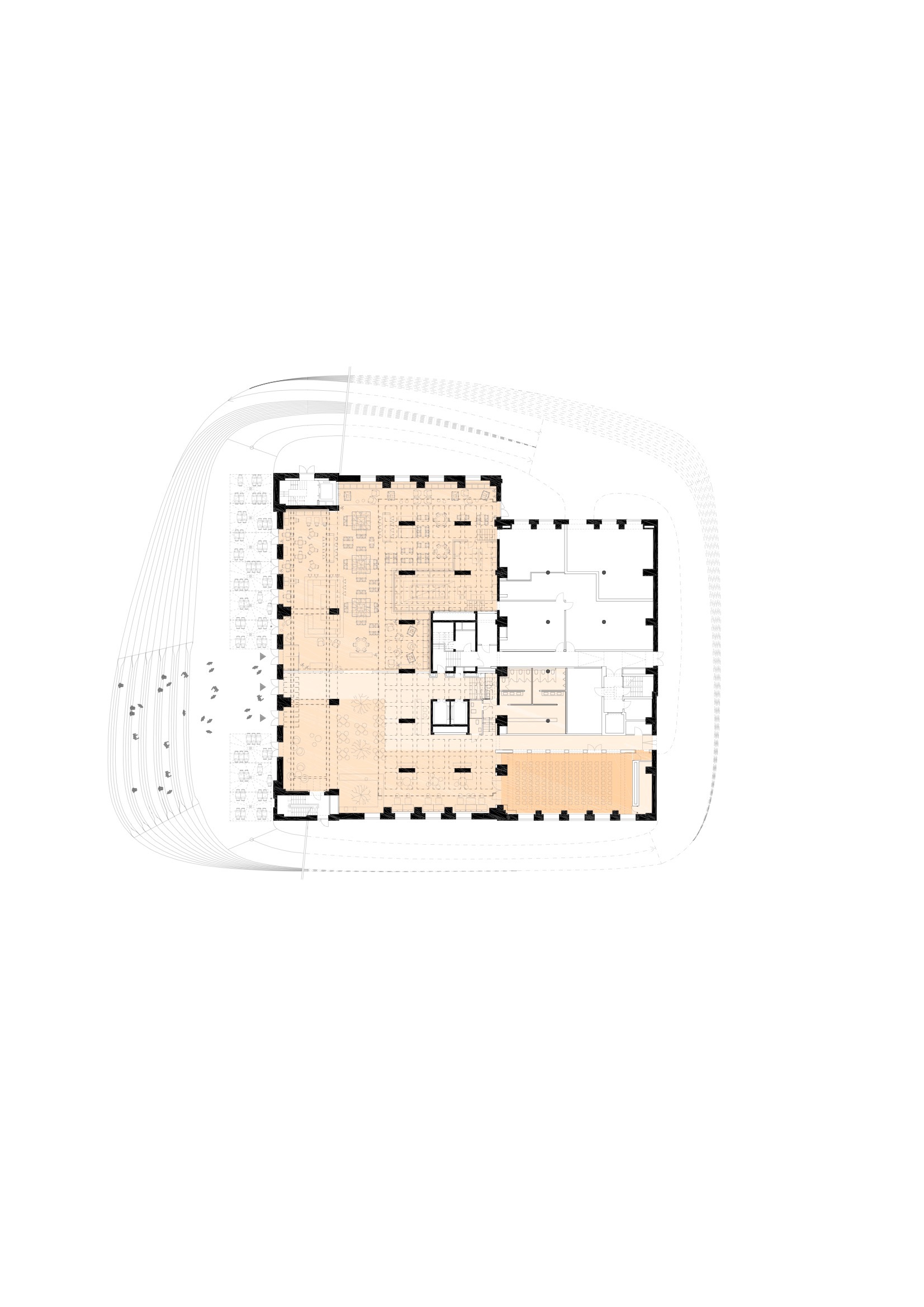 Floor plan drawing showing an open interior layout with column grid and enclosed rooms along one edge