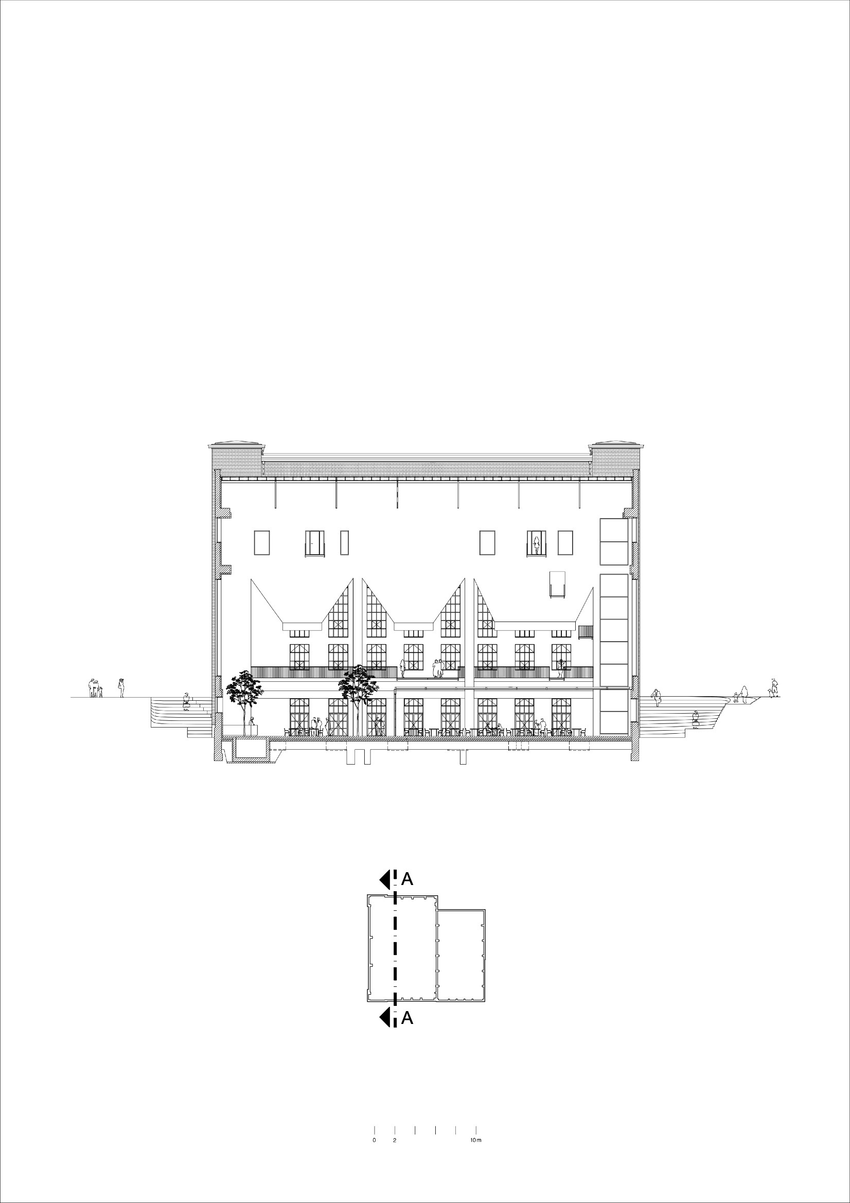 Section drawing showing a historic facade incorporated within a new enclosing structure with trees at ground level