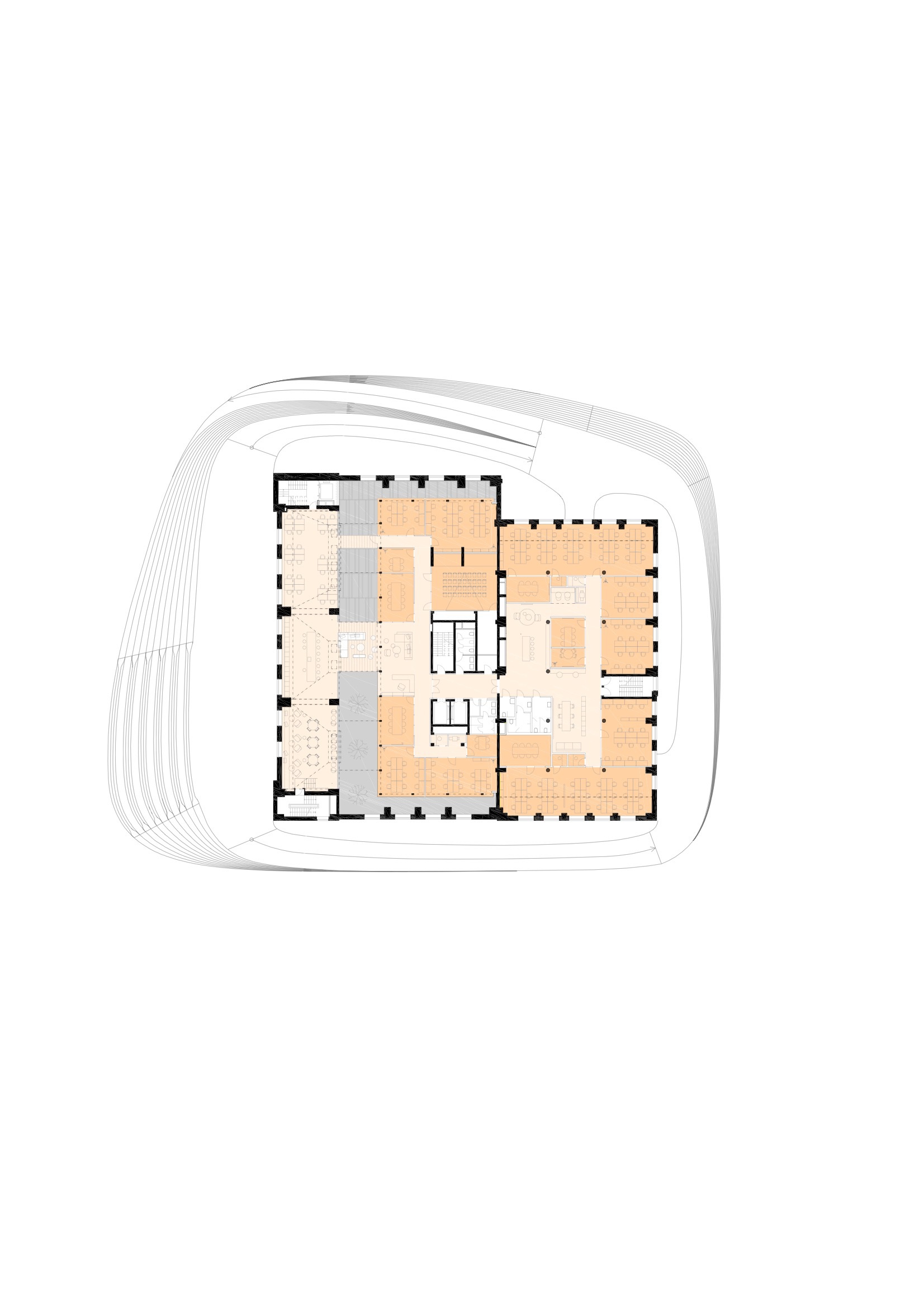 Floor plan drawing depicting an irregular curved perimeter with central circulation cores and open spaces