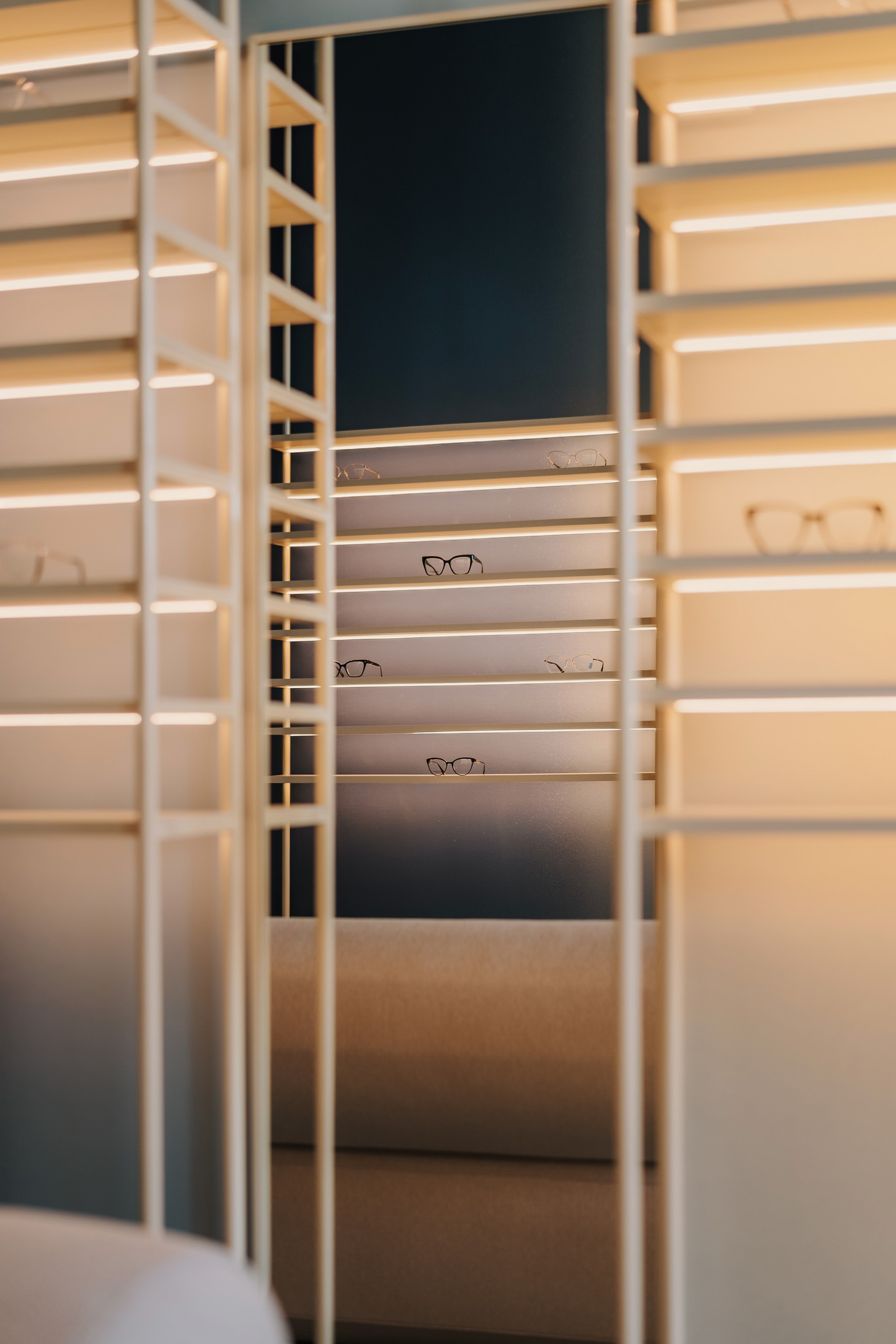 View through vertical metal frame showing eyeglasses on horizontal shelves and teal wall beyond