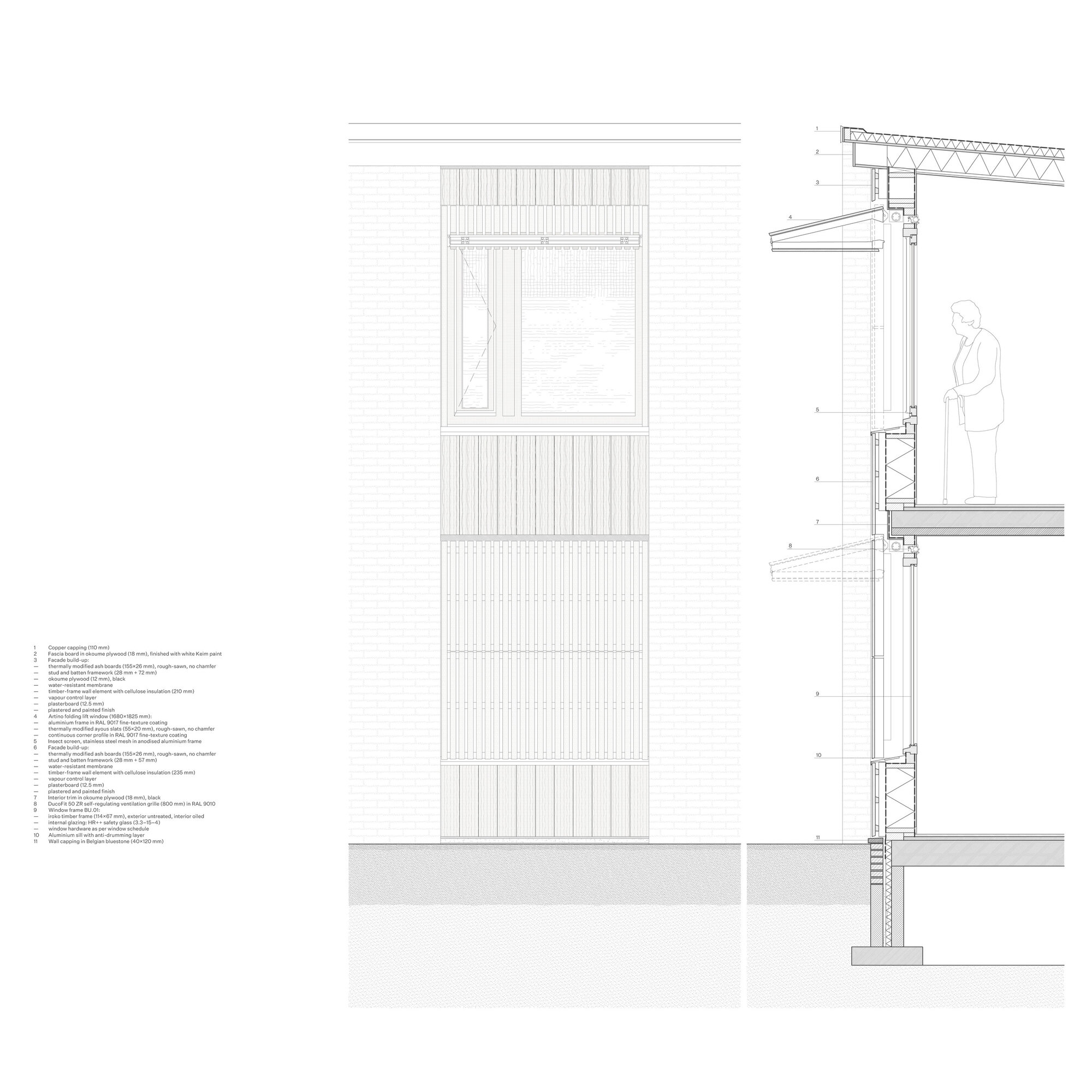 Section drawing and elevation detail of a timber-clad facade with window assembly and balcony construction