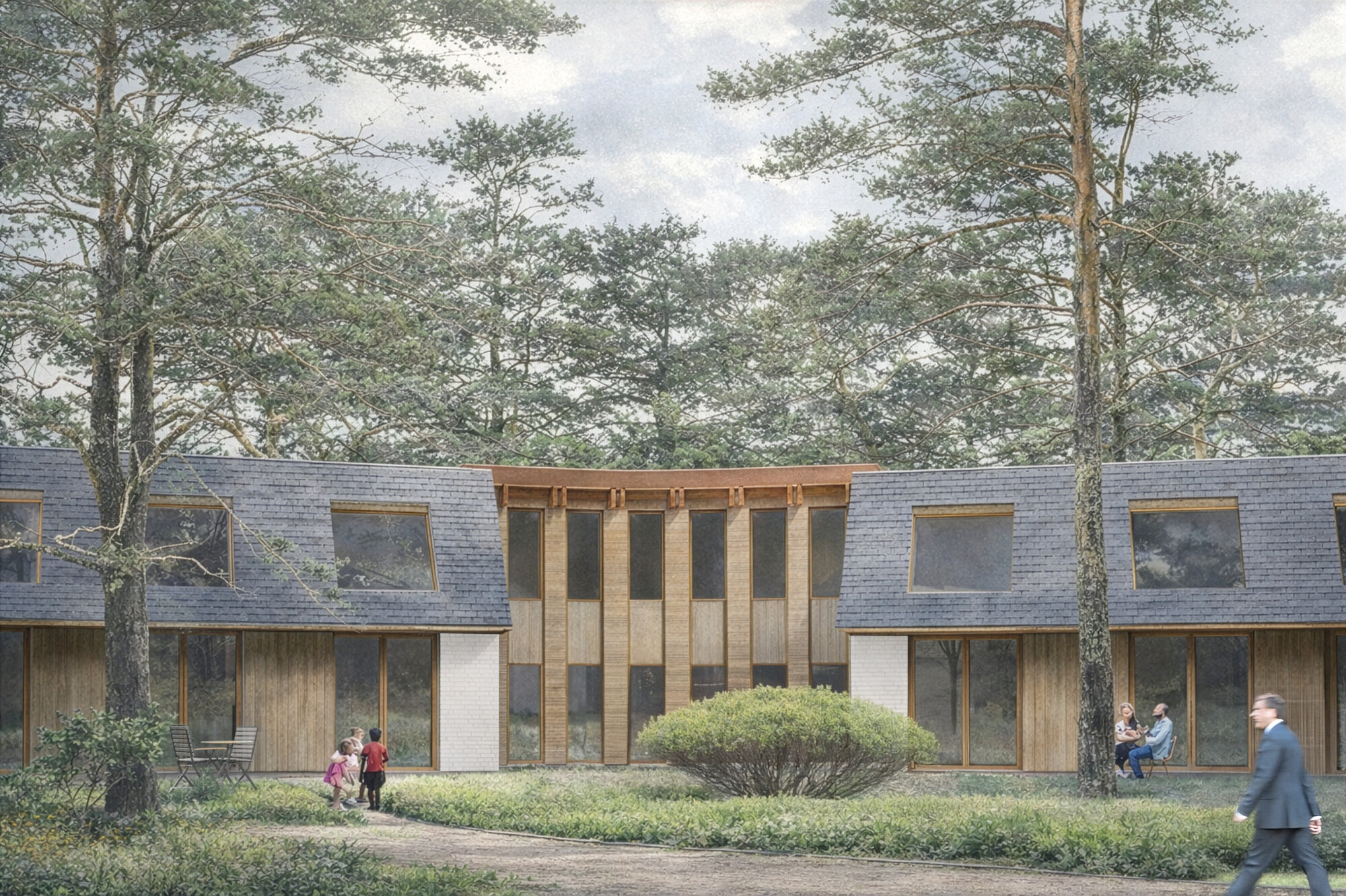 Rendered facade with vertical timber screens and slate roof set among deciduous trees with people walking by