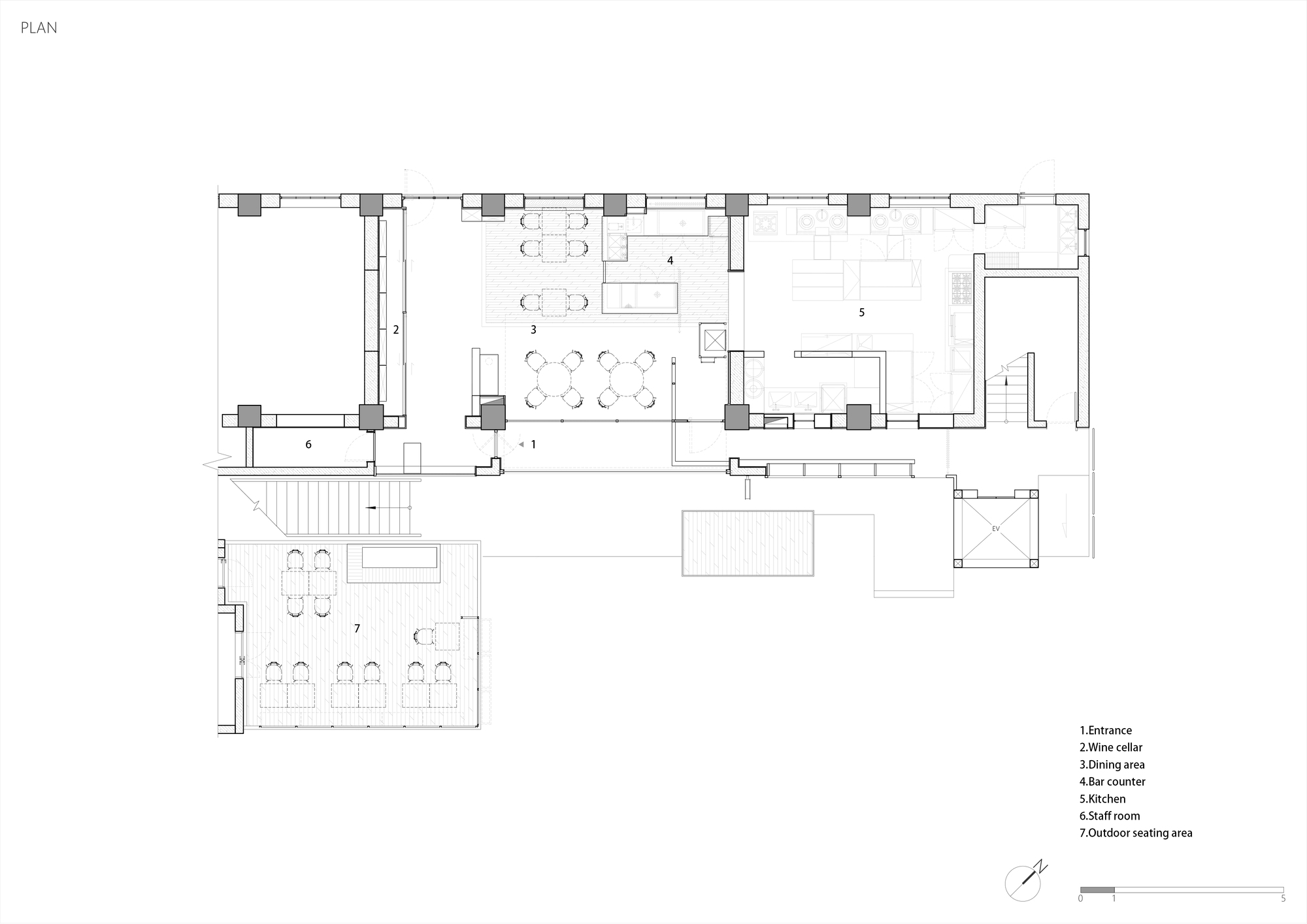 Floor plan drawing showing an L-shaped layout with dining and kitchen zones