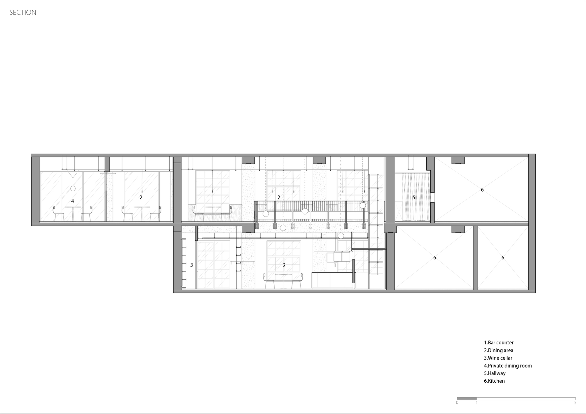 Section drawing revealing two levels with a central staircase connecting living spaces, dining room, and bedrooms