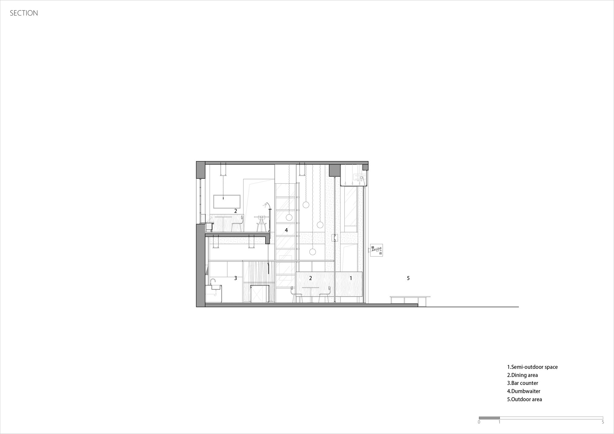Section drawing showing interior spatial relationship between dining area, bar counter, bathroom, and an outdoor space