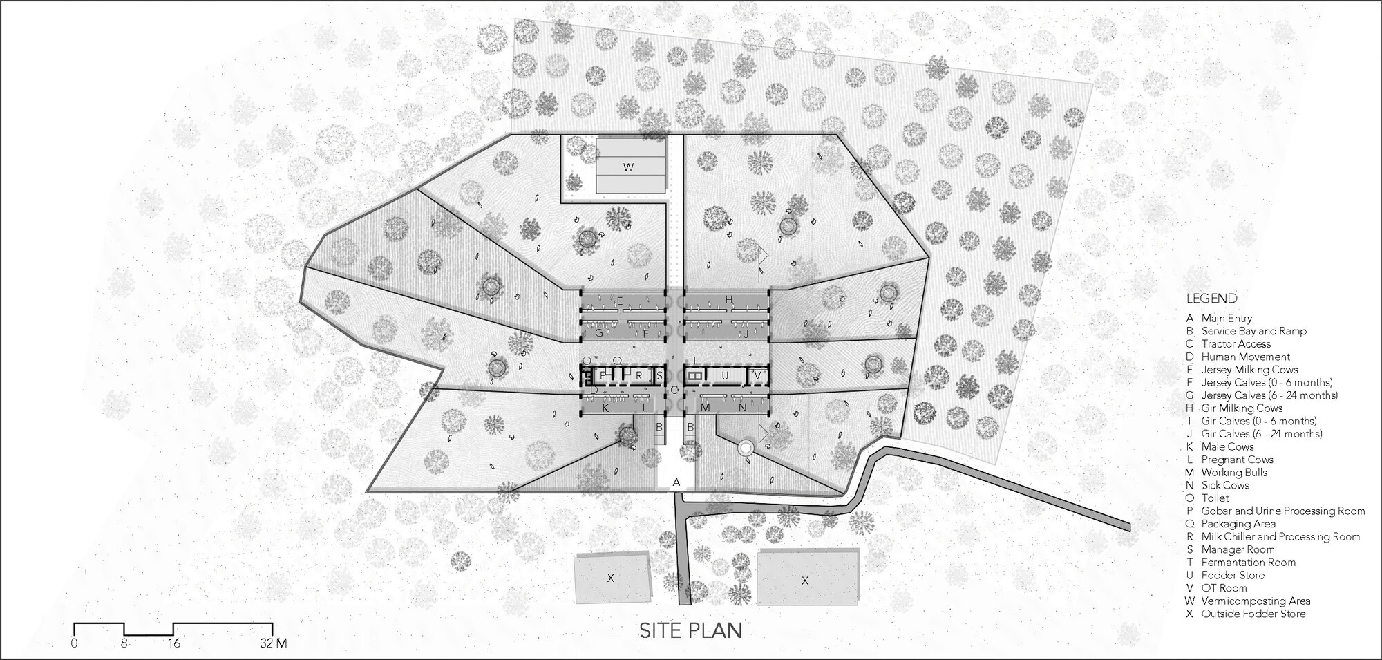 Site plan drawing showing a cruciform building layout surrounded by trees with a legend and access road