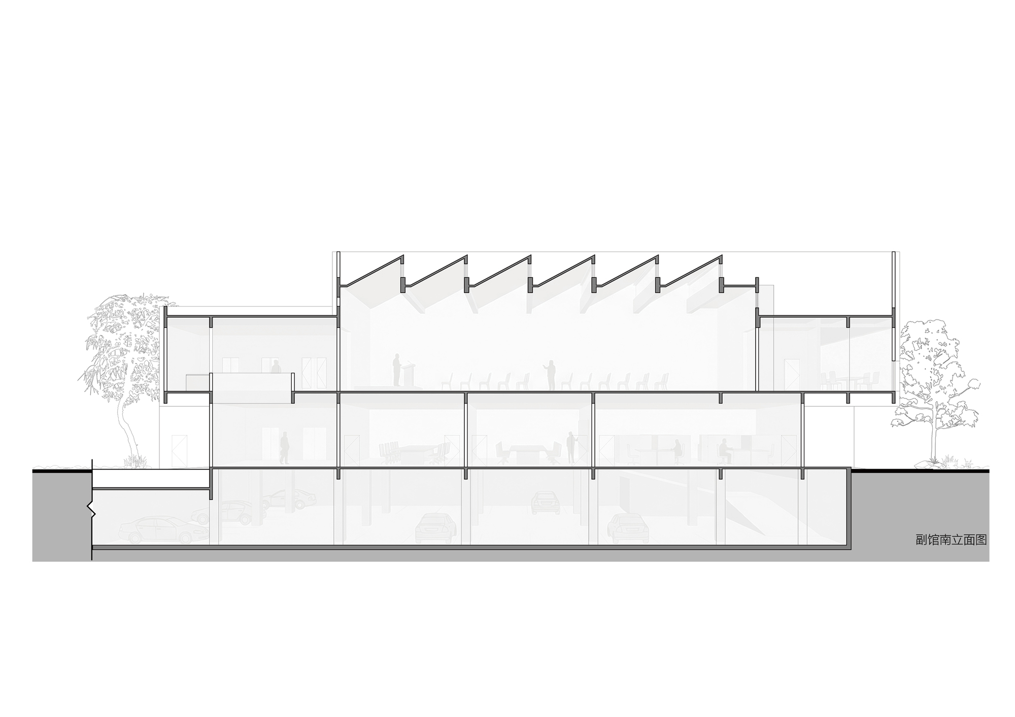 Section drawing showing sawtooth roof profile and multi-level interior volumes with adjacent trees