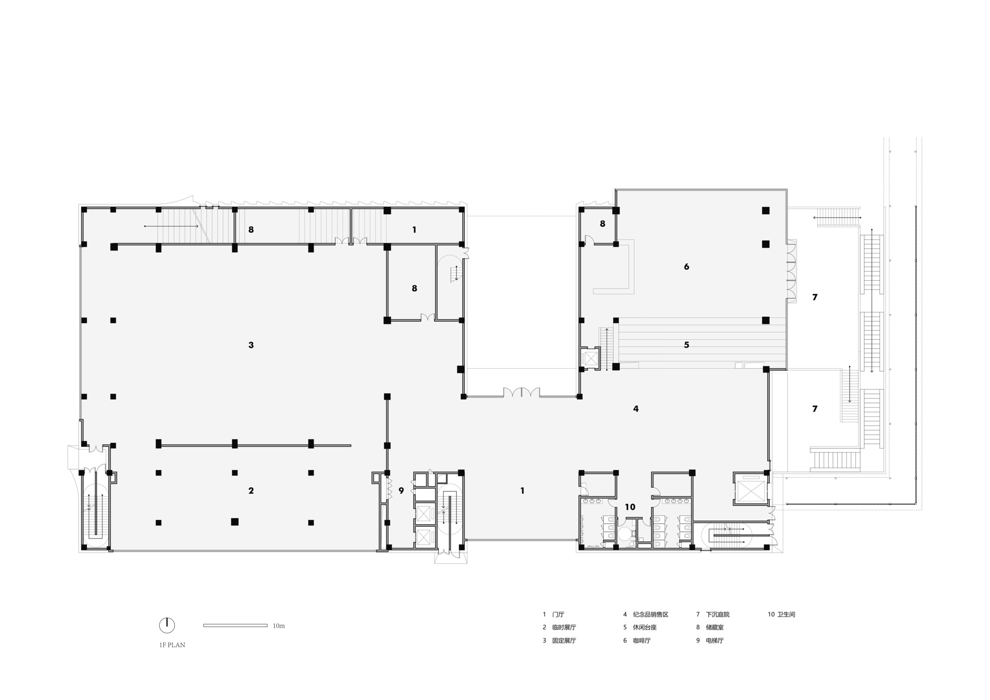Ground floor plan drawing indicating large open gallery spaces and service zones