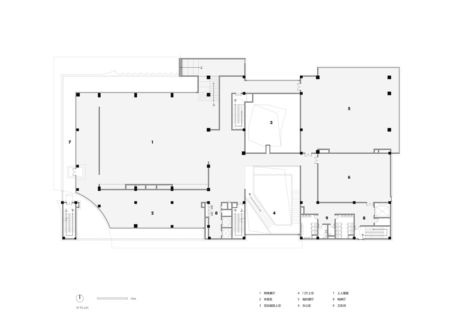Ground floor plan showing multiple rooms arranged around a central courtyard with staircases at corners