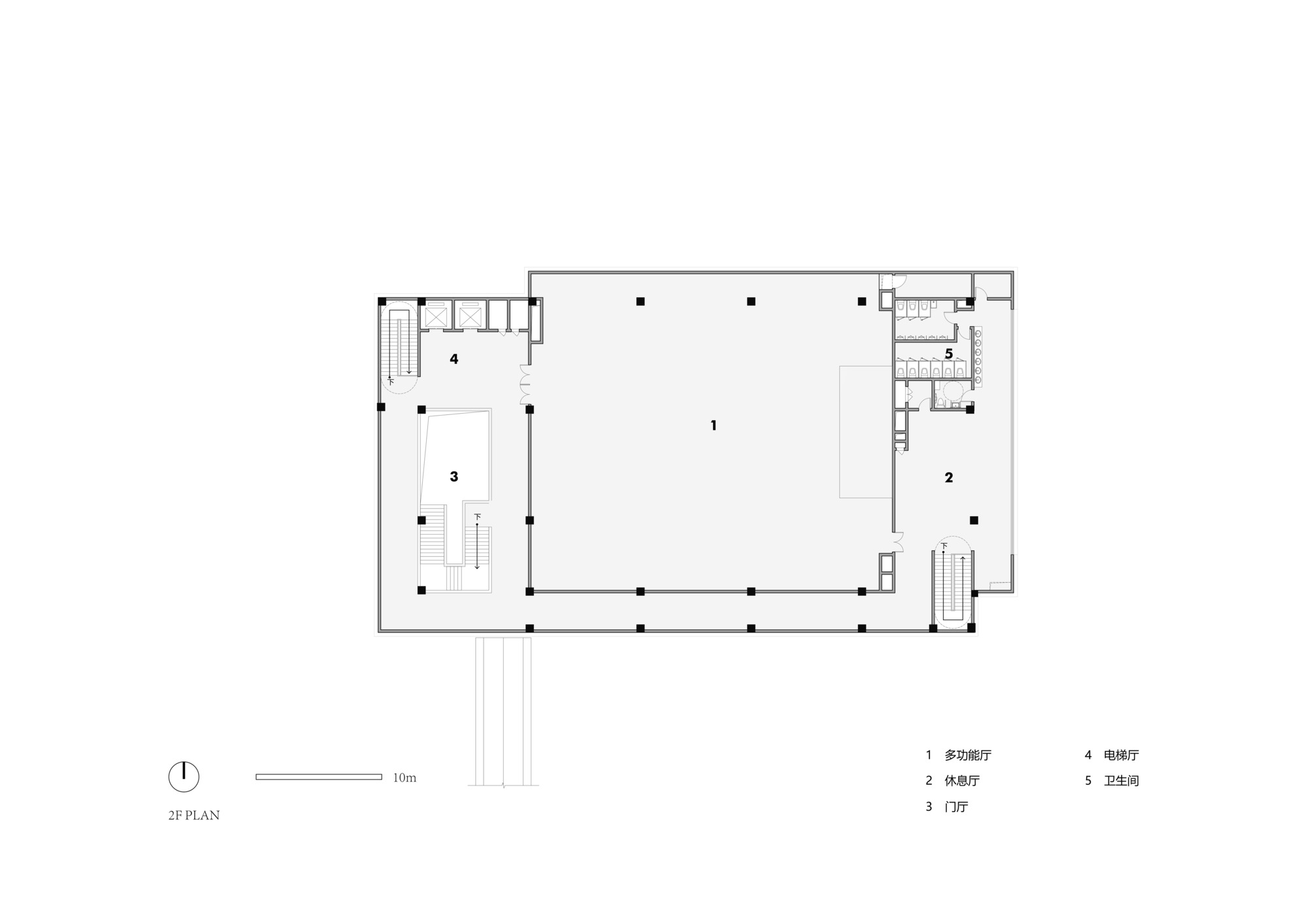 Second floor plan displaying a large open space flanked by smaller rooms and two staircases