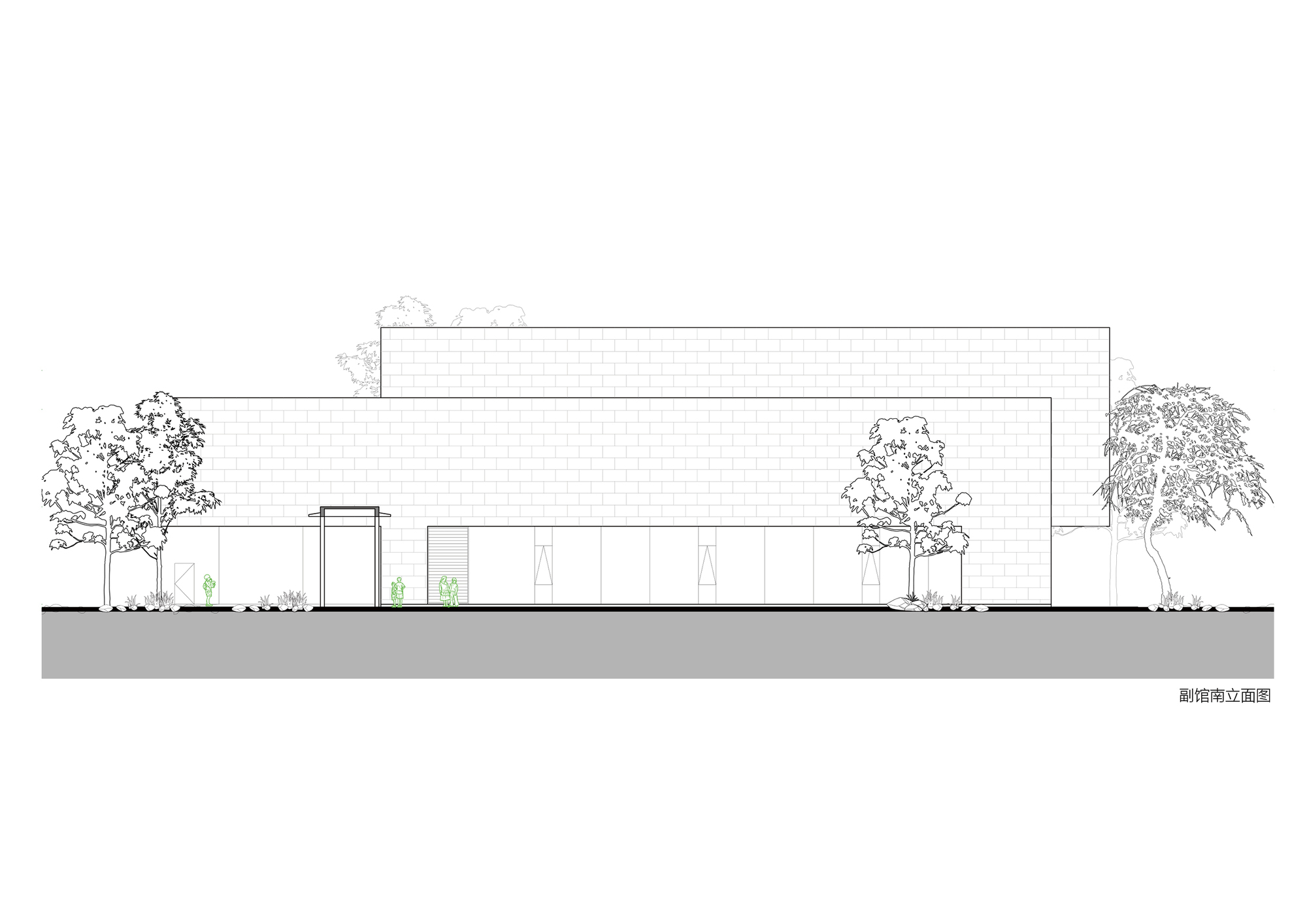 South elevation drawing showing a low brick facade with windows and surrounding trees in outline