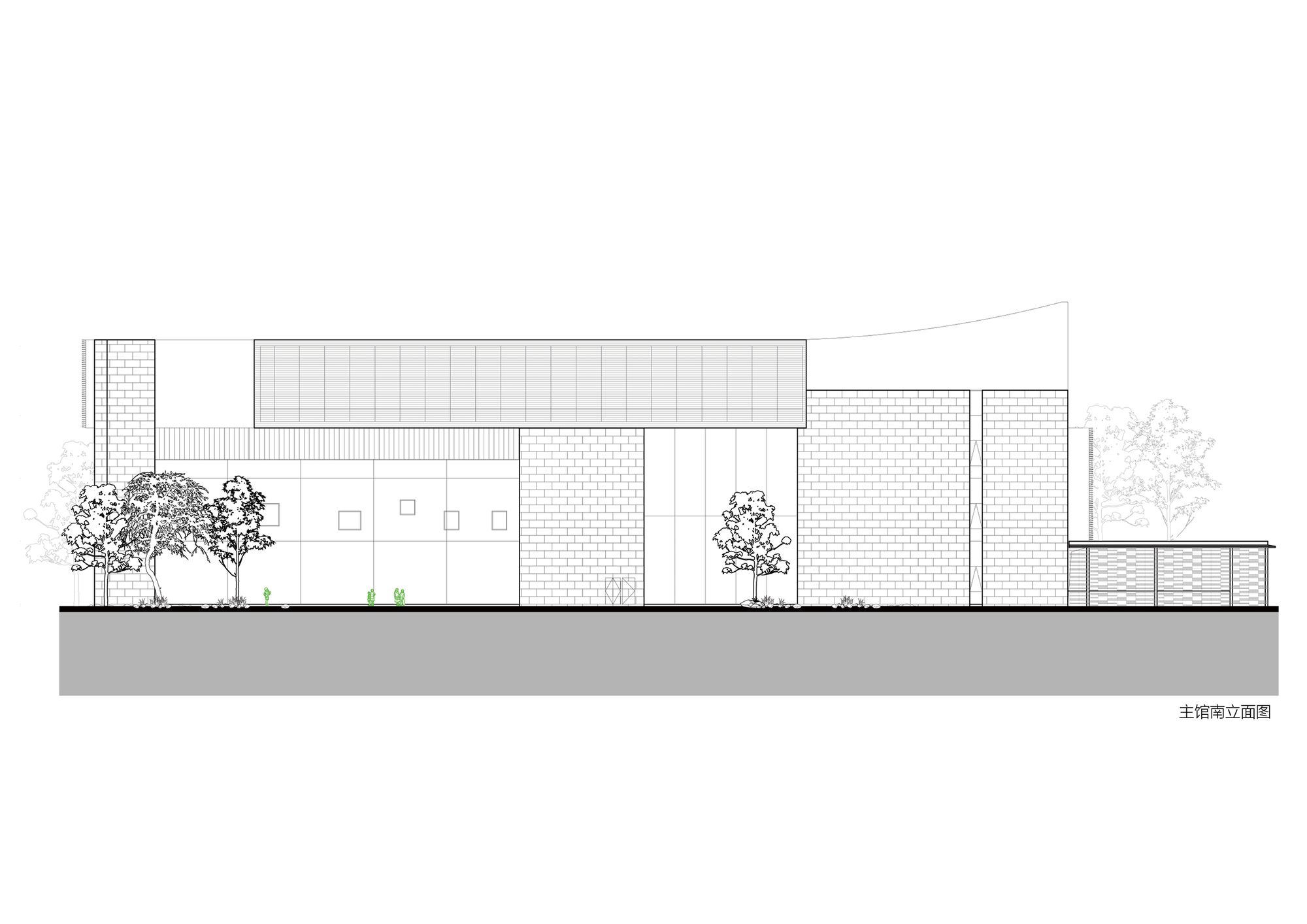 West elevation drawing depicting brick and corrugated metal volumes with scattered trees along the grade