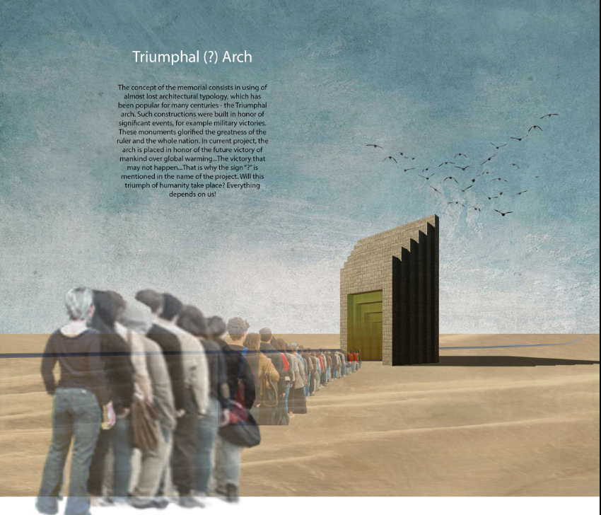 A symbolic procession approaches the Triumphal (?) Arch, framing climate change as a collective human journey toward an uncertain future.