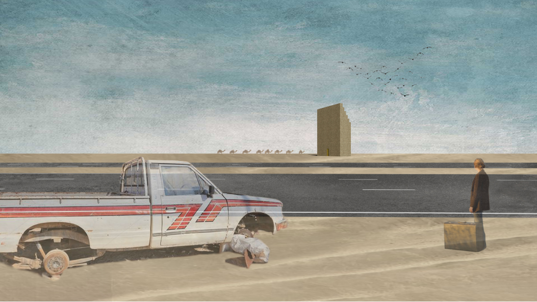 Set against a vast desert, the monument emerges as a distant warning, confronting everyday life with the reality of environmental collapse.