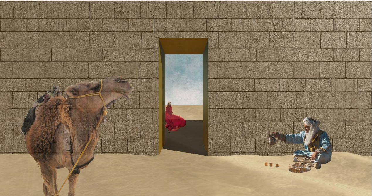 A minimal opening within a massive wall reflects the narrowing window for climate action, set within a culturally grounded desert context.