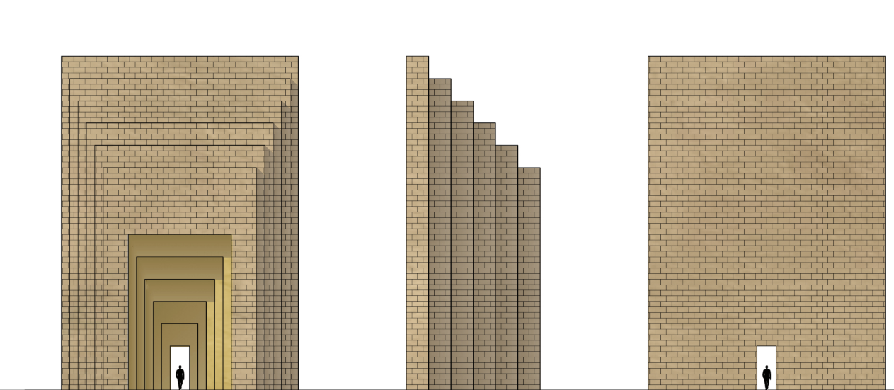 Progressive arch sections reveal a shrinking passage, symbolizing the diminishing possibilities for humanity in the face of climate change.