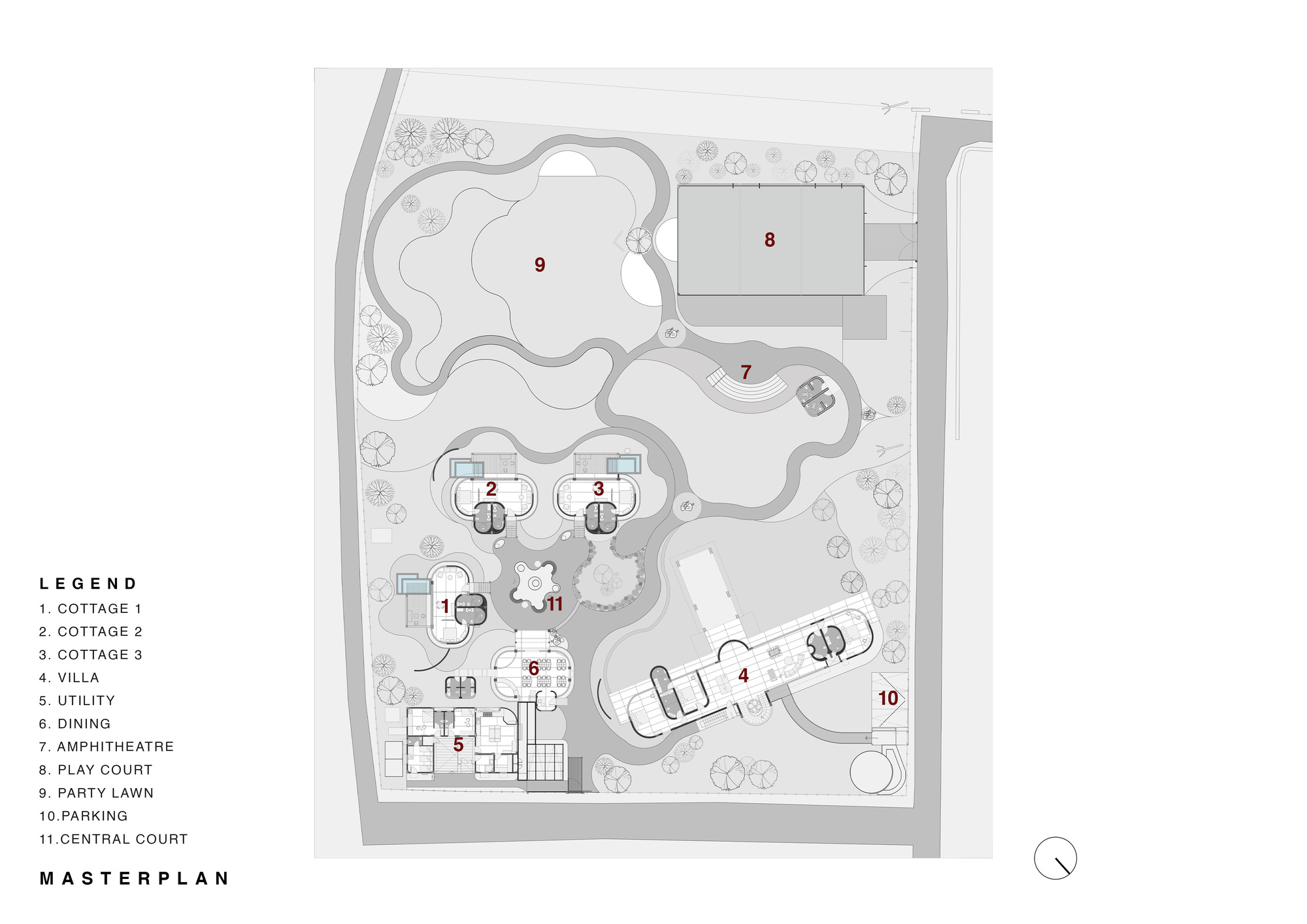 Master plan drawing showing clustered cottage buildings around a curved pool and lawn with landscaping and parking areas