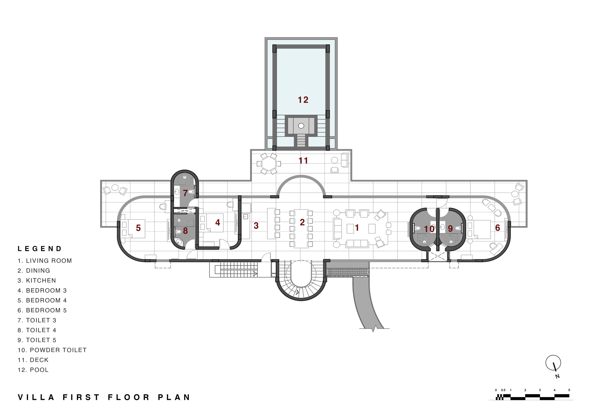 First floor plan drawing showing living and dining spaces with cylindrical bedroom pods and rooftop pool extension