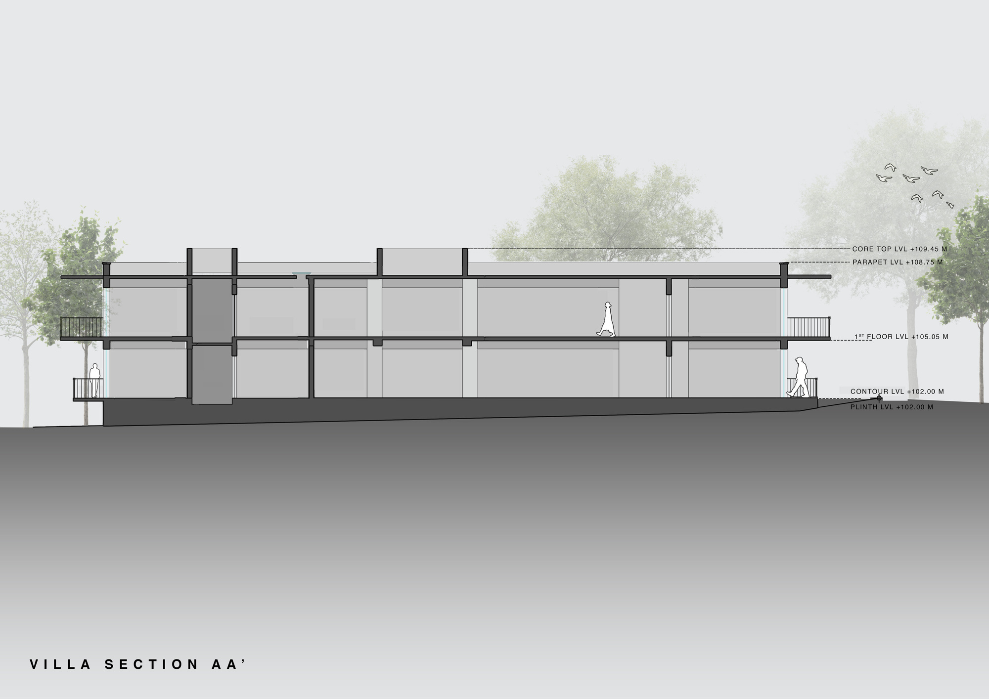 Section drawing revealing two-level interior with structural columns and human figures for scale