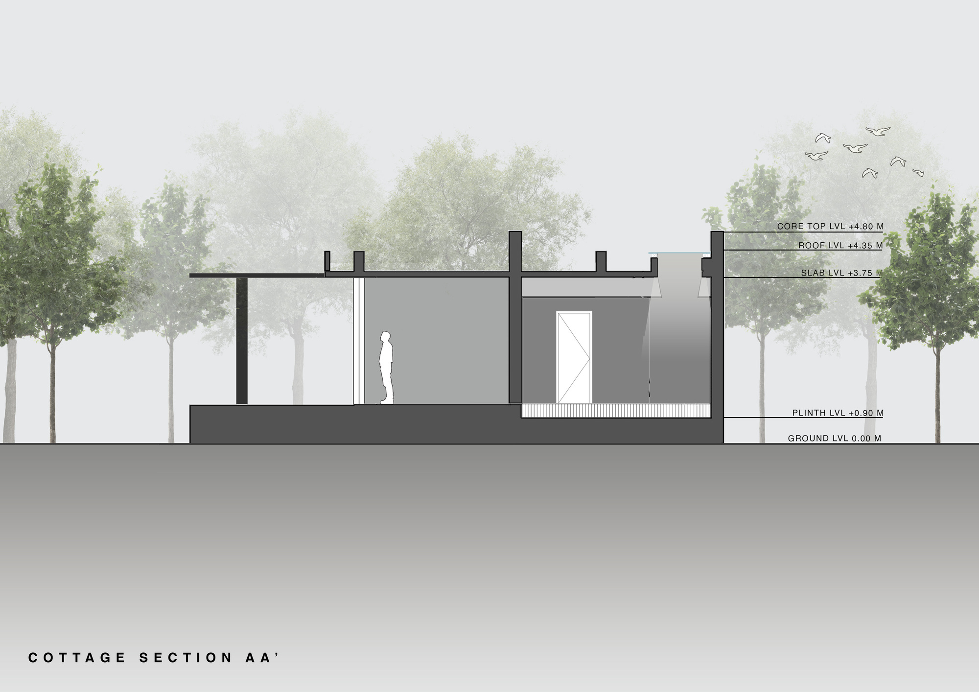 Section drawing revealing interior ceiling heights and a central figure standing between stepped floor levels