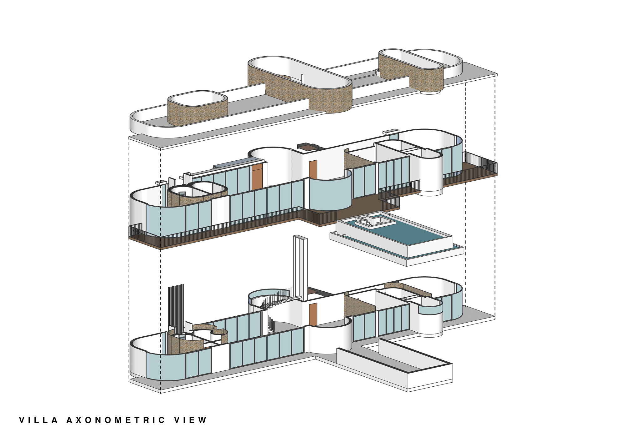 Axonometric drawing showing three stacked floor plates with curved glass walls and cylindrical volumes