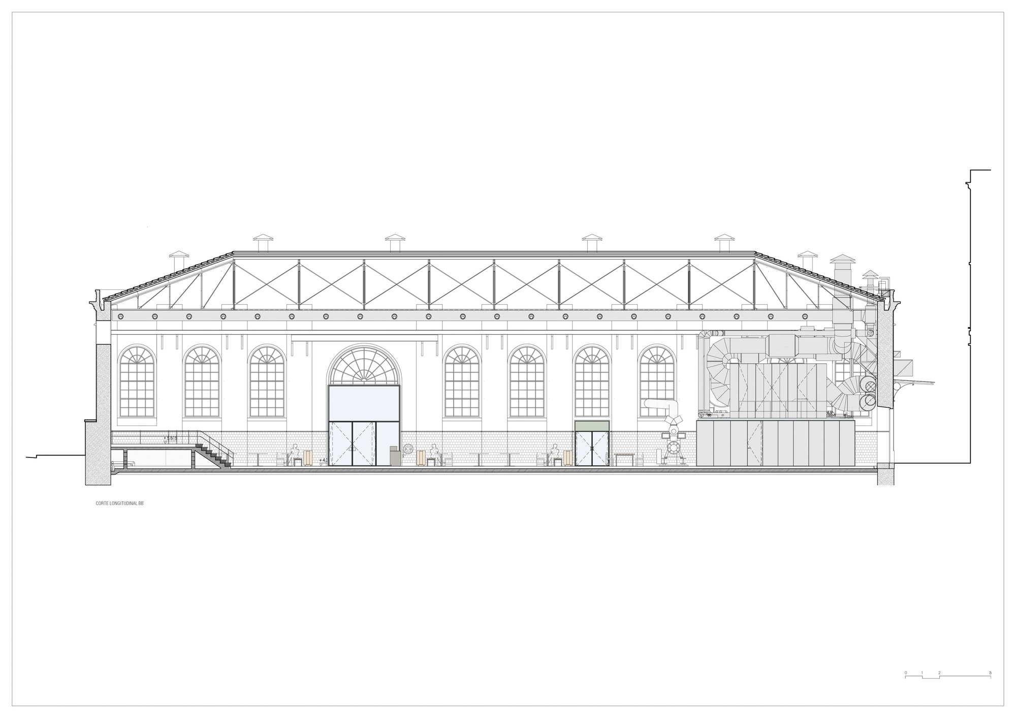 Section drawing through the main hall revealing arched openings and steel roof structure above