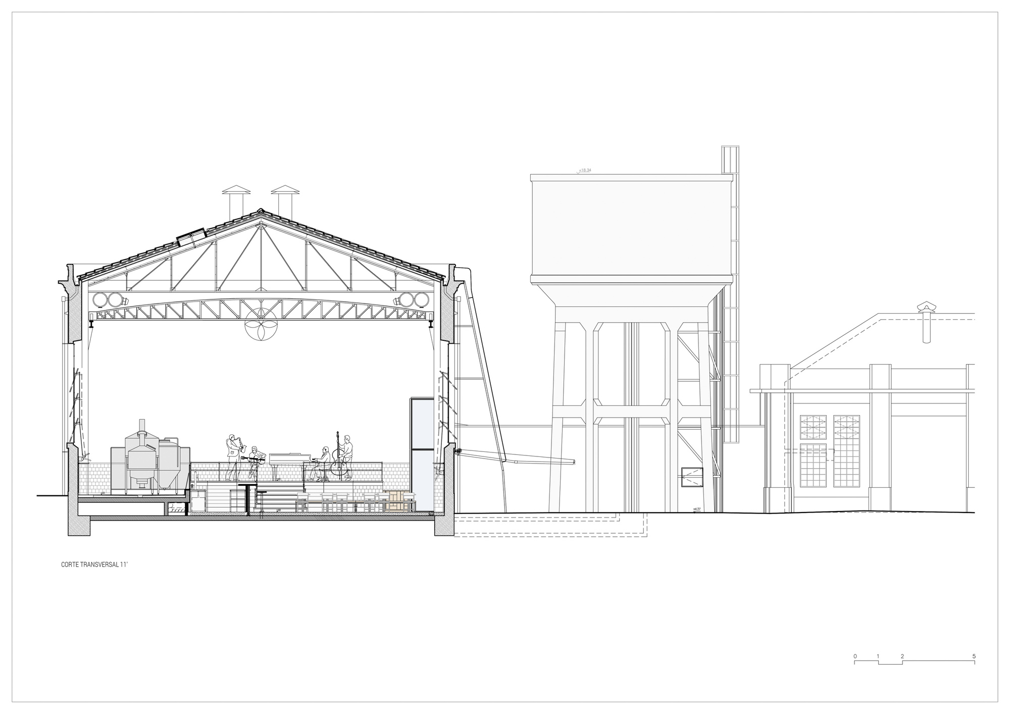 Section drawing showing an industrial hall with exposed truss roof and adjacent storage silo
