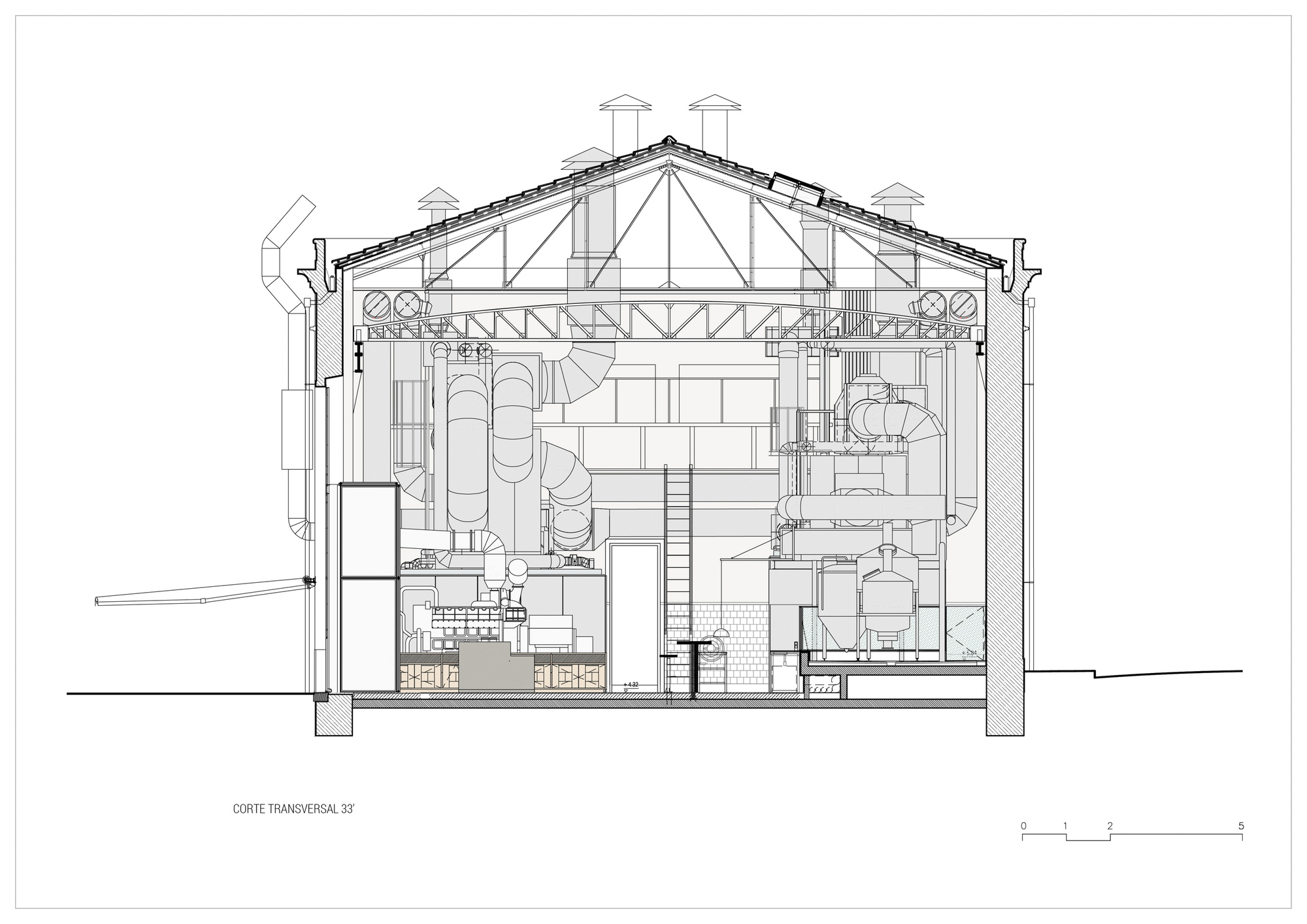 Section drawing revealing interior machinery and ventilation ducts within the gabled industrial structure