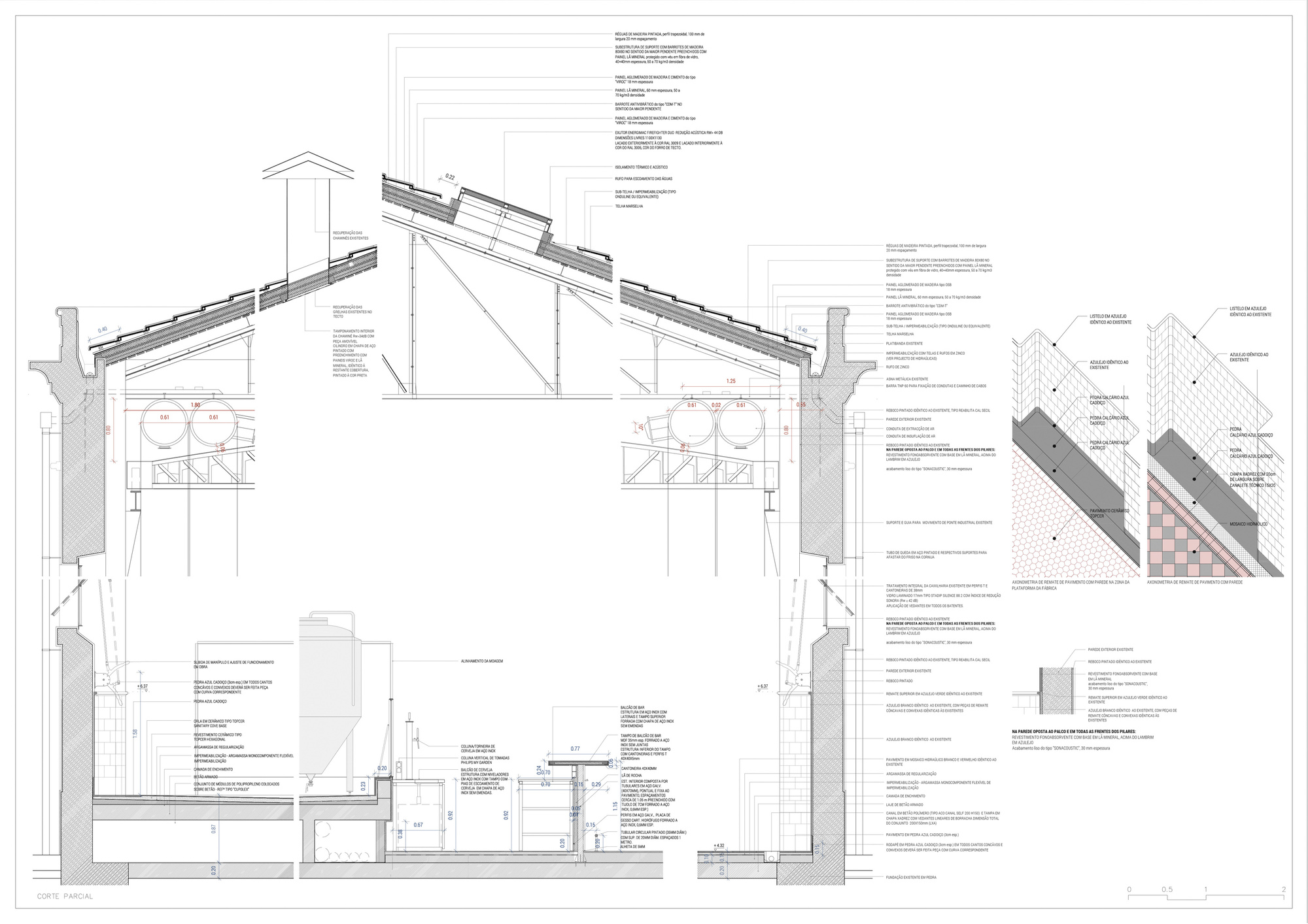 Detailed section drawing with annotations illustrating roof assembly and wall construction layers
