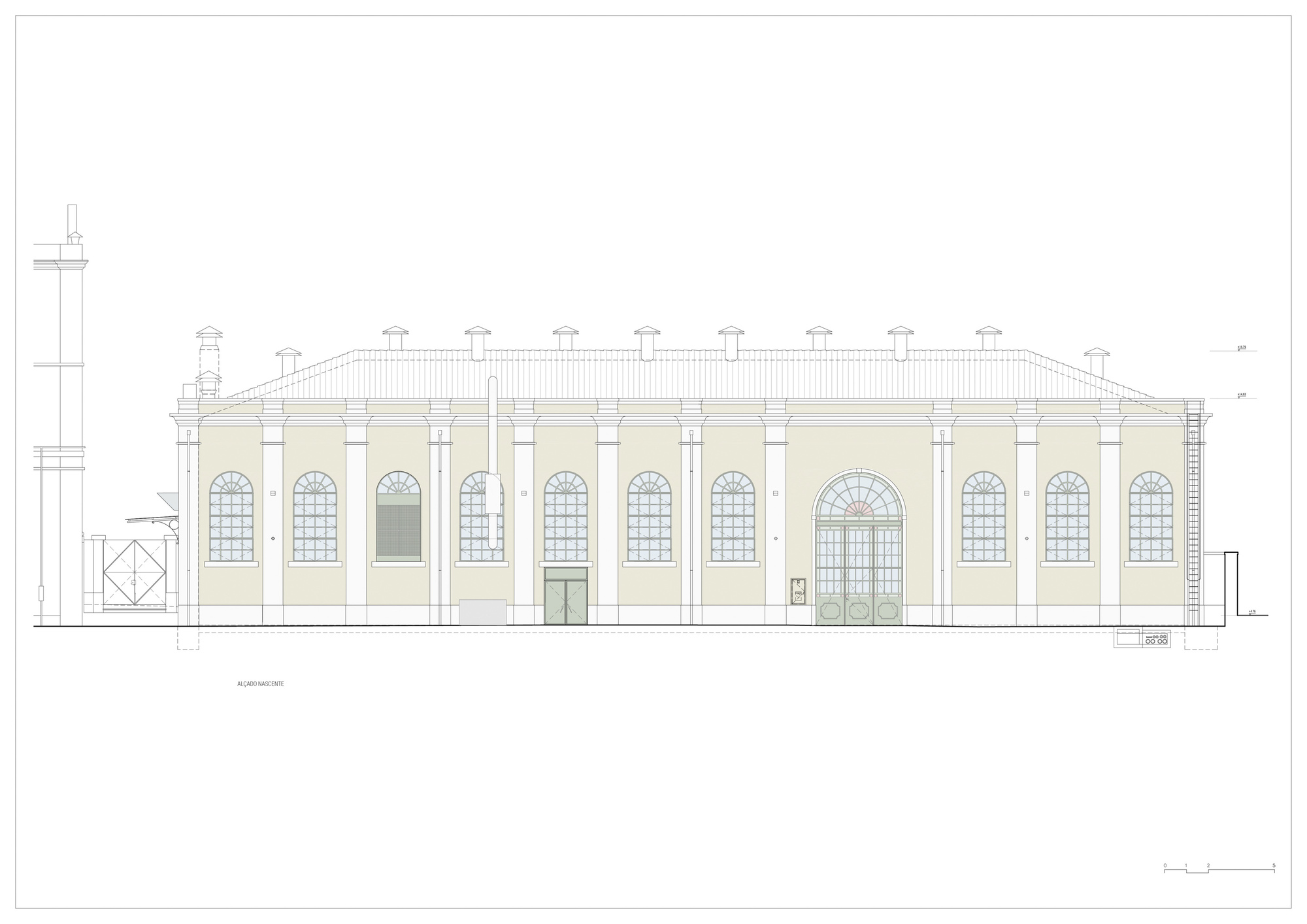 Elevation drawing of a low pavilion with arched windows and symmetrical facade composition
